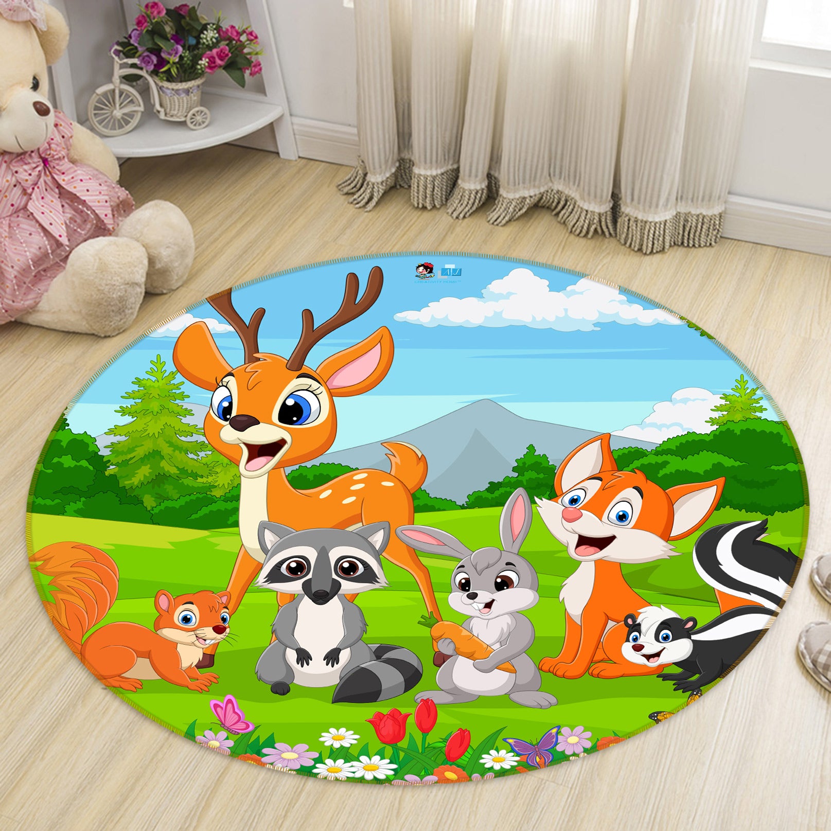 3D Cartoon Animal Meadow 81228 Round Non Slip Rug Mat