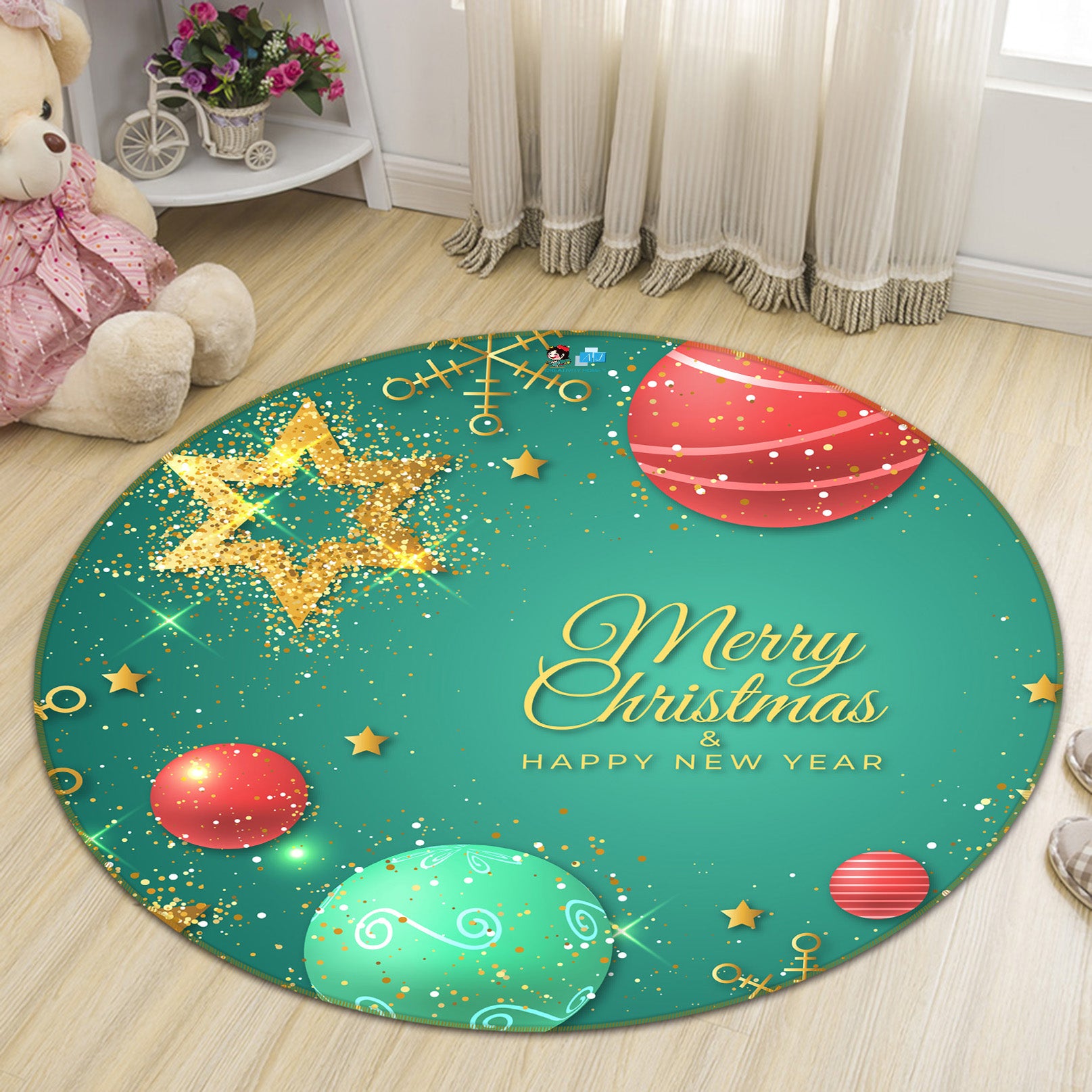 3D Green Red Ball 81034 Round Non Slip Rug Mat