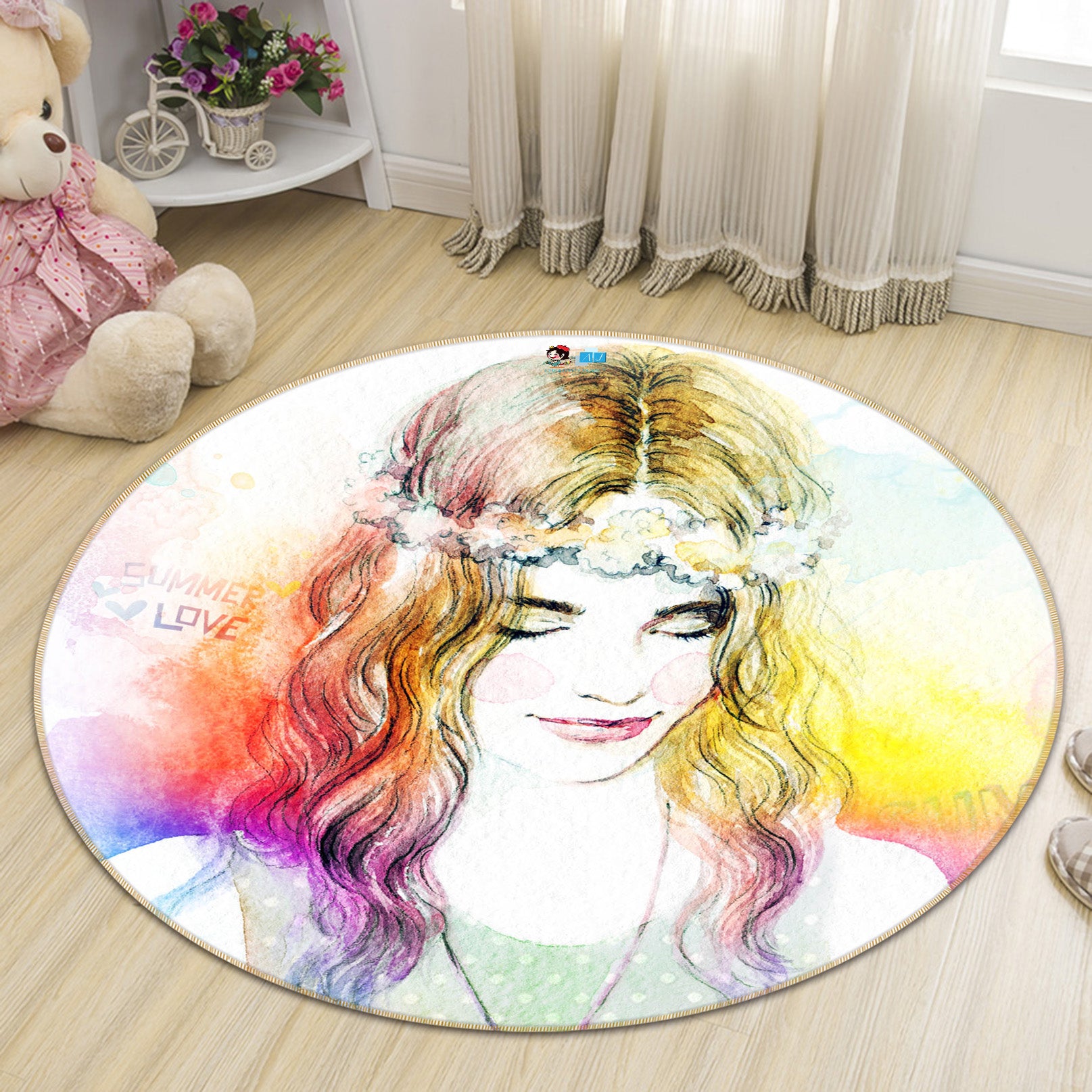 3D Long-Haired Beauty 66186 Round Non Slip Rug Mat