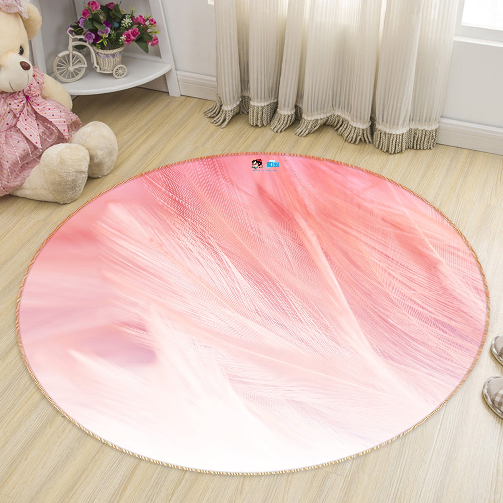 3D Pink Feather 81213 Round Non Slip Rug Mat