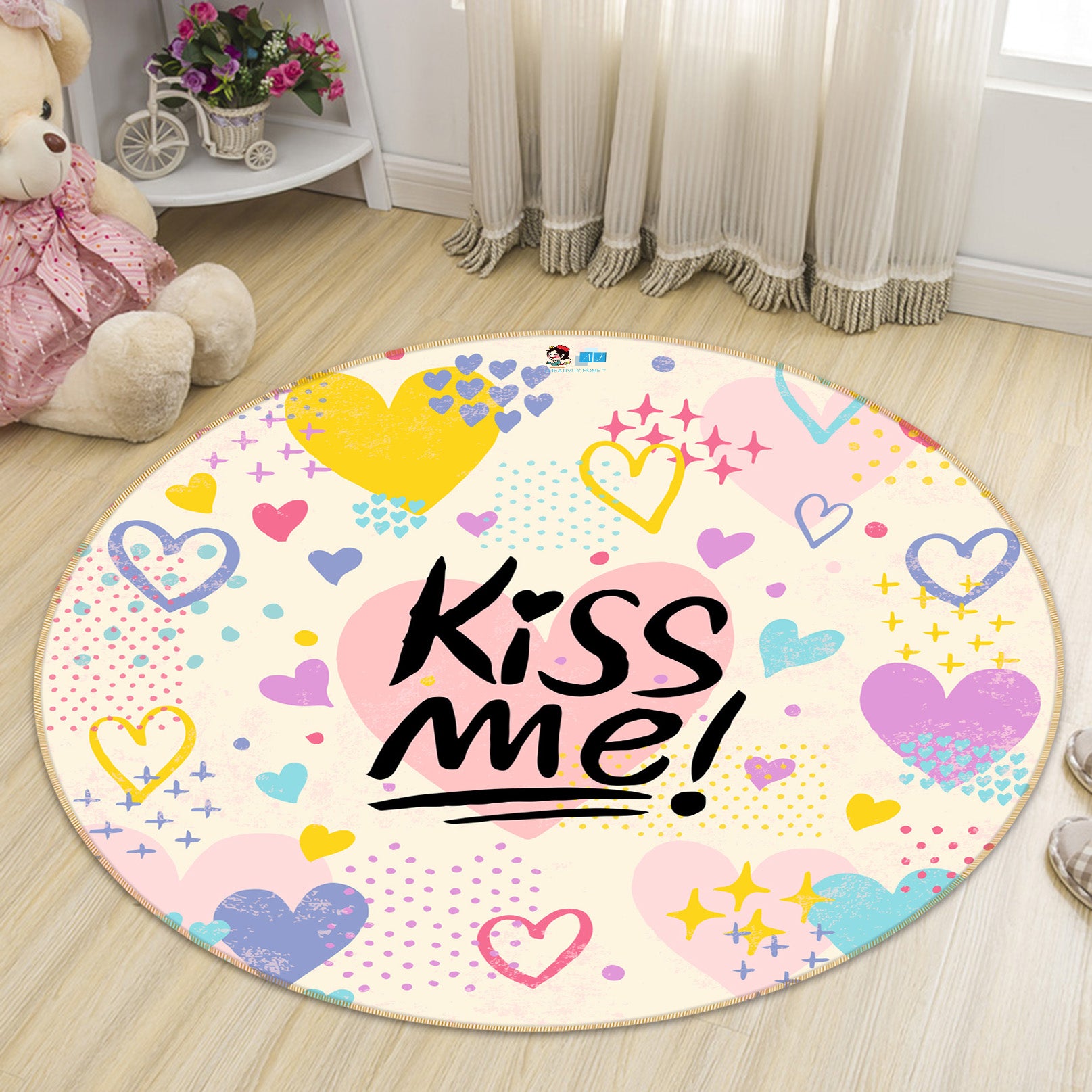 3D Color Heart Kiss 75030 Round Non Slip Rug Mat