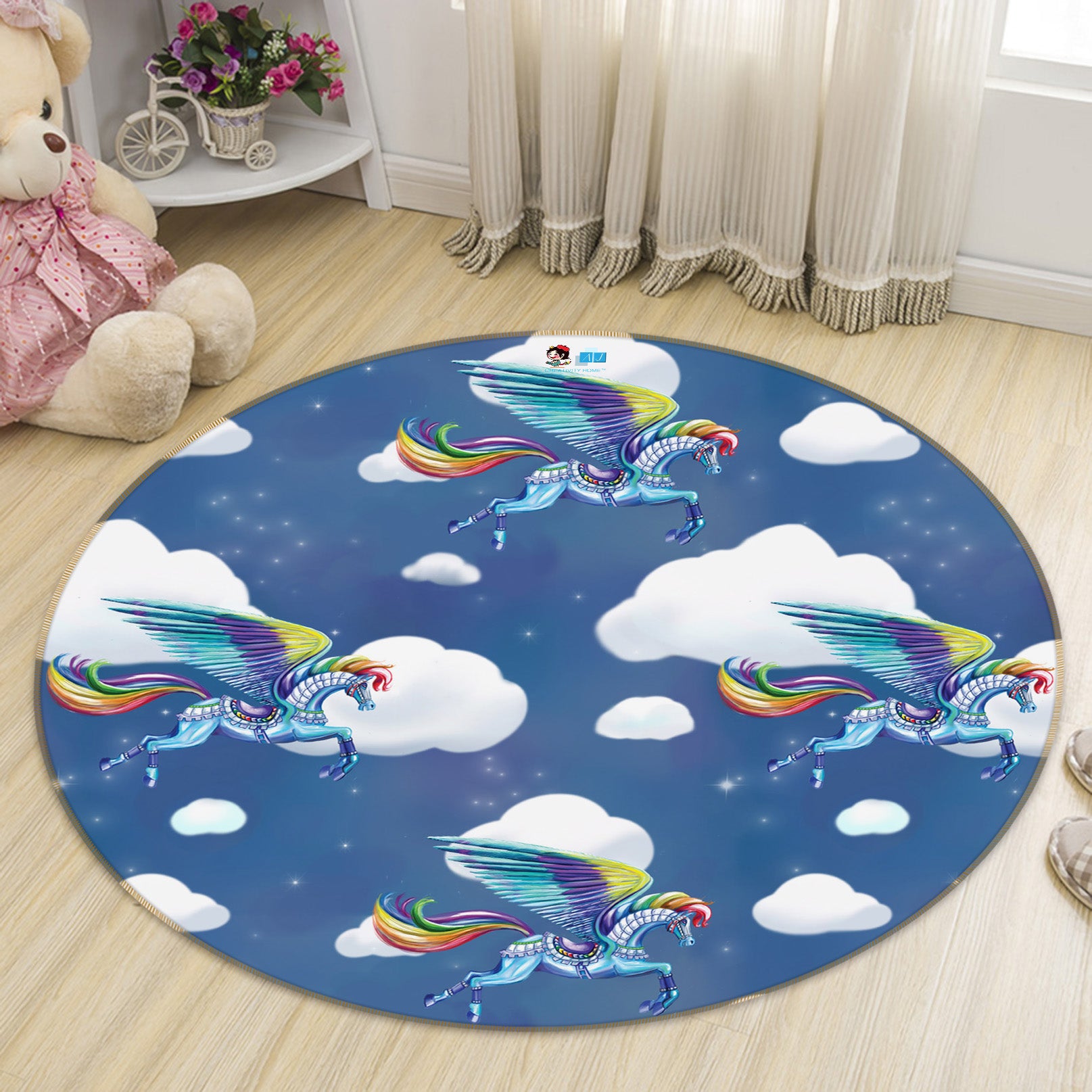 3D Unicorn Rainbow Clouds 83166 Rose Catherine Khan Rug Round Non Slip Rug Mat