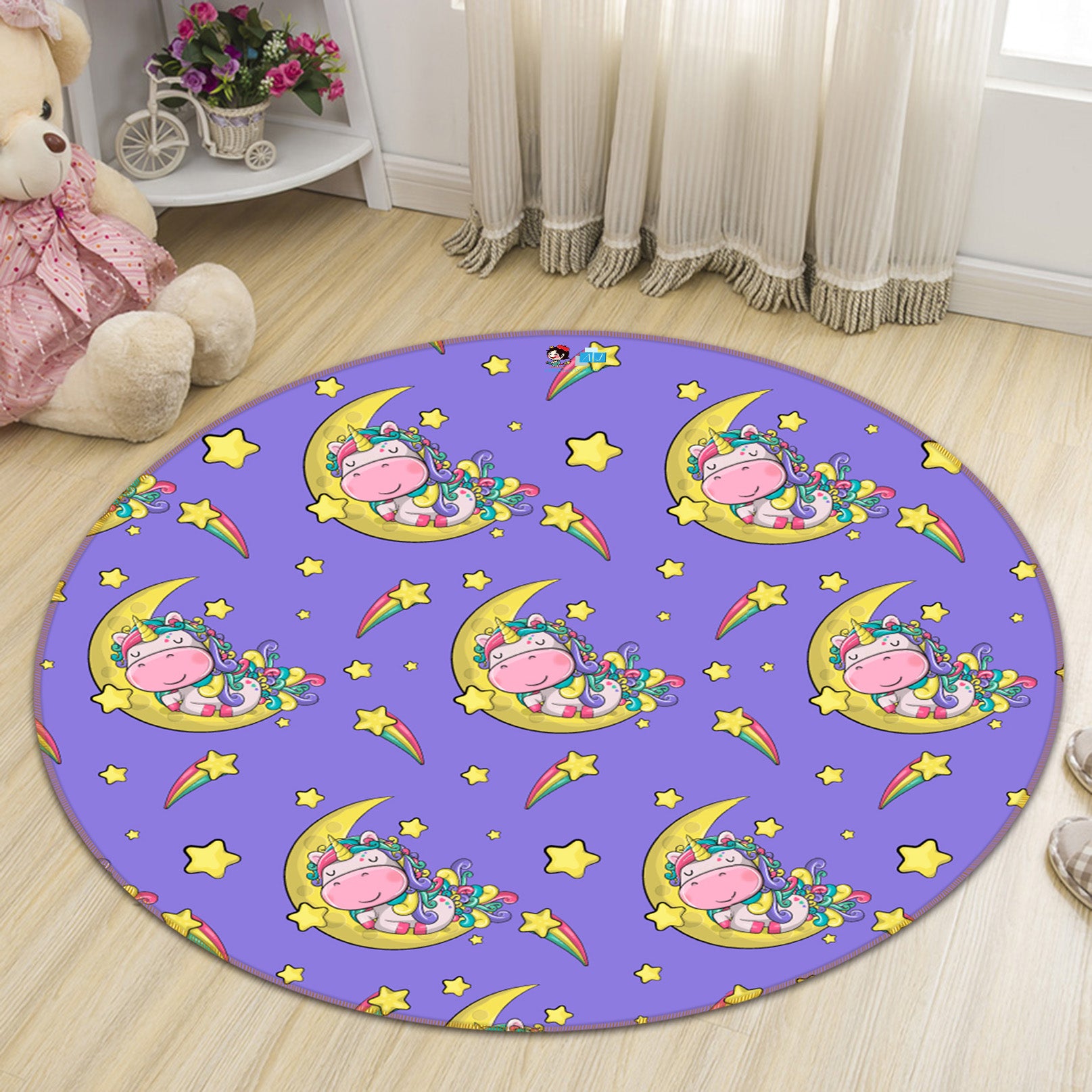 3D Star Moon Unicorn Pattern 81077 Round Non Slip Rug Mat