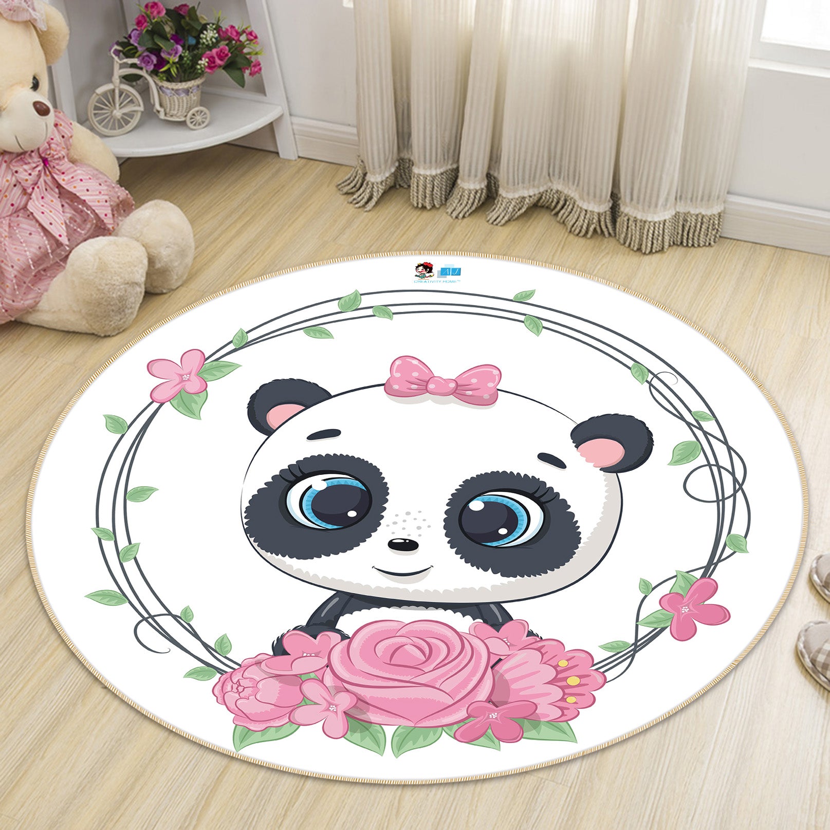 3D Pink Flower Panda 75004 Round Non Slip Rug Mat