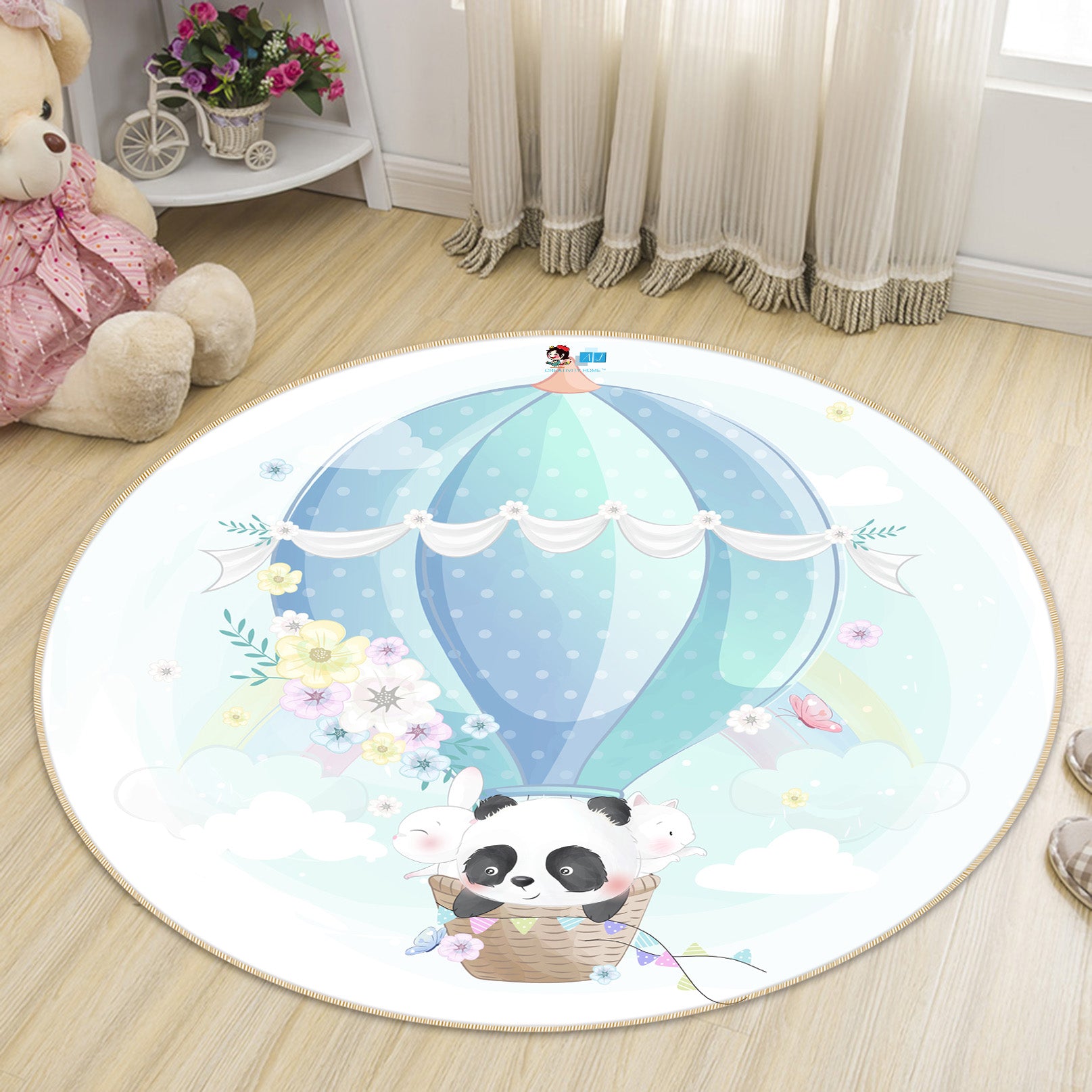 3D Blue Hot Air Balloon Panda 74254 Round Non Slip Rug Mat