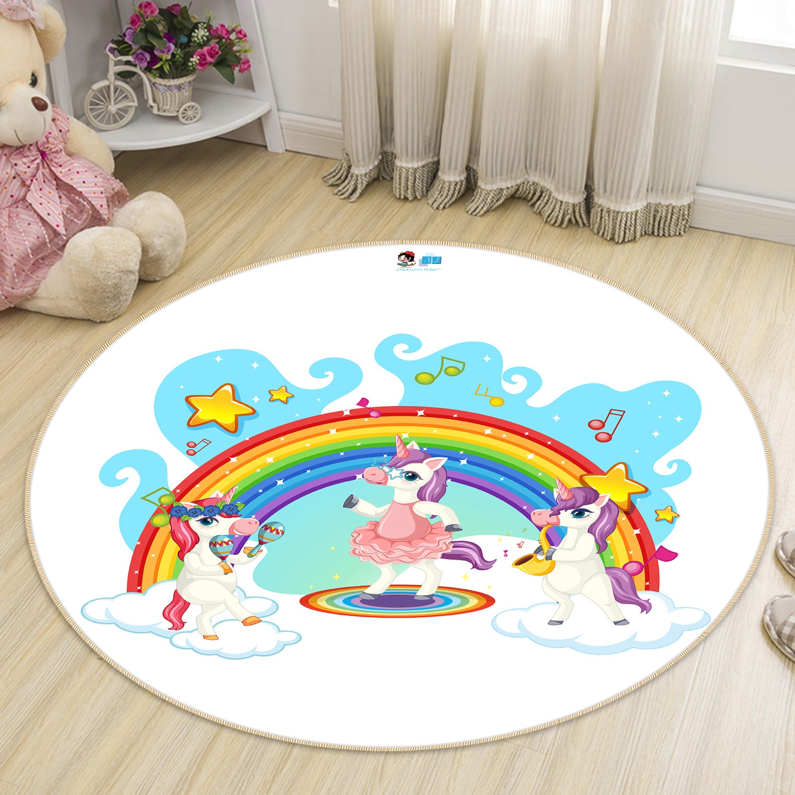 3D Rainbow Unicorn 81032 Round Non Slip Rug Mat