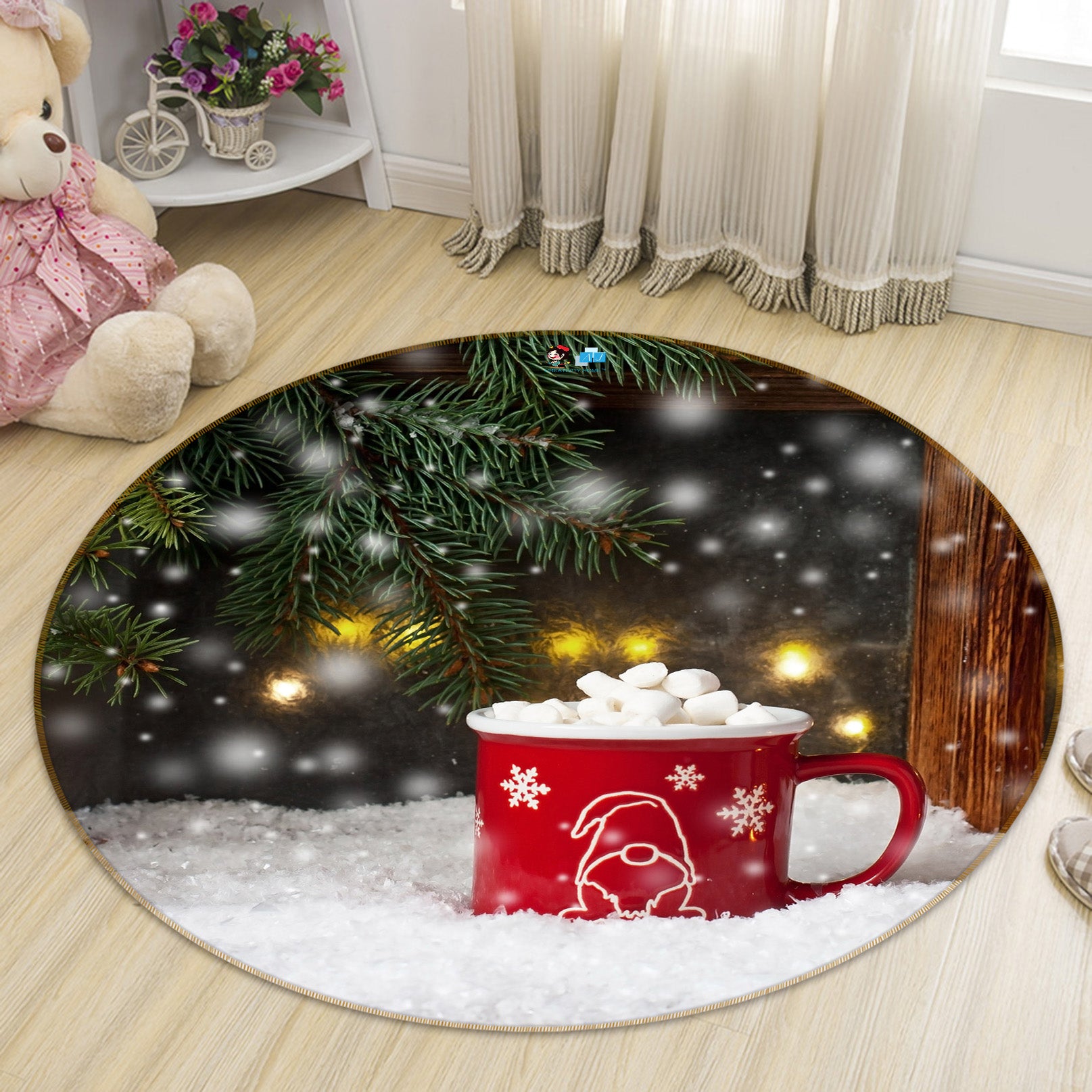 3D Snow Red Cup 54208 Christmas Round Non Slip Rug Mat Xmas