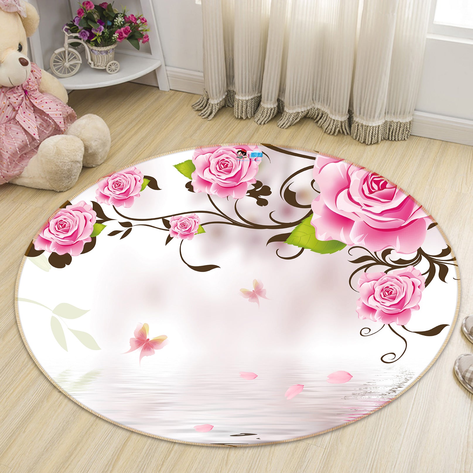 3D Pink Flowers 80254 Round Non Slip Rug Mat