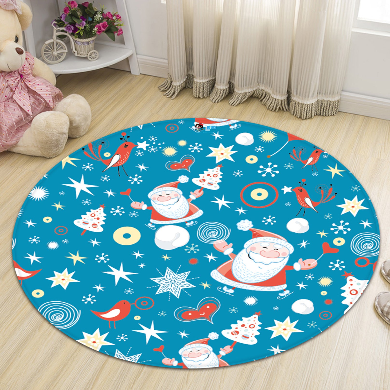 3D Santa Claus Stars Pattern 66018 Christmas Round Non Slip Rug Mat Xmas