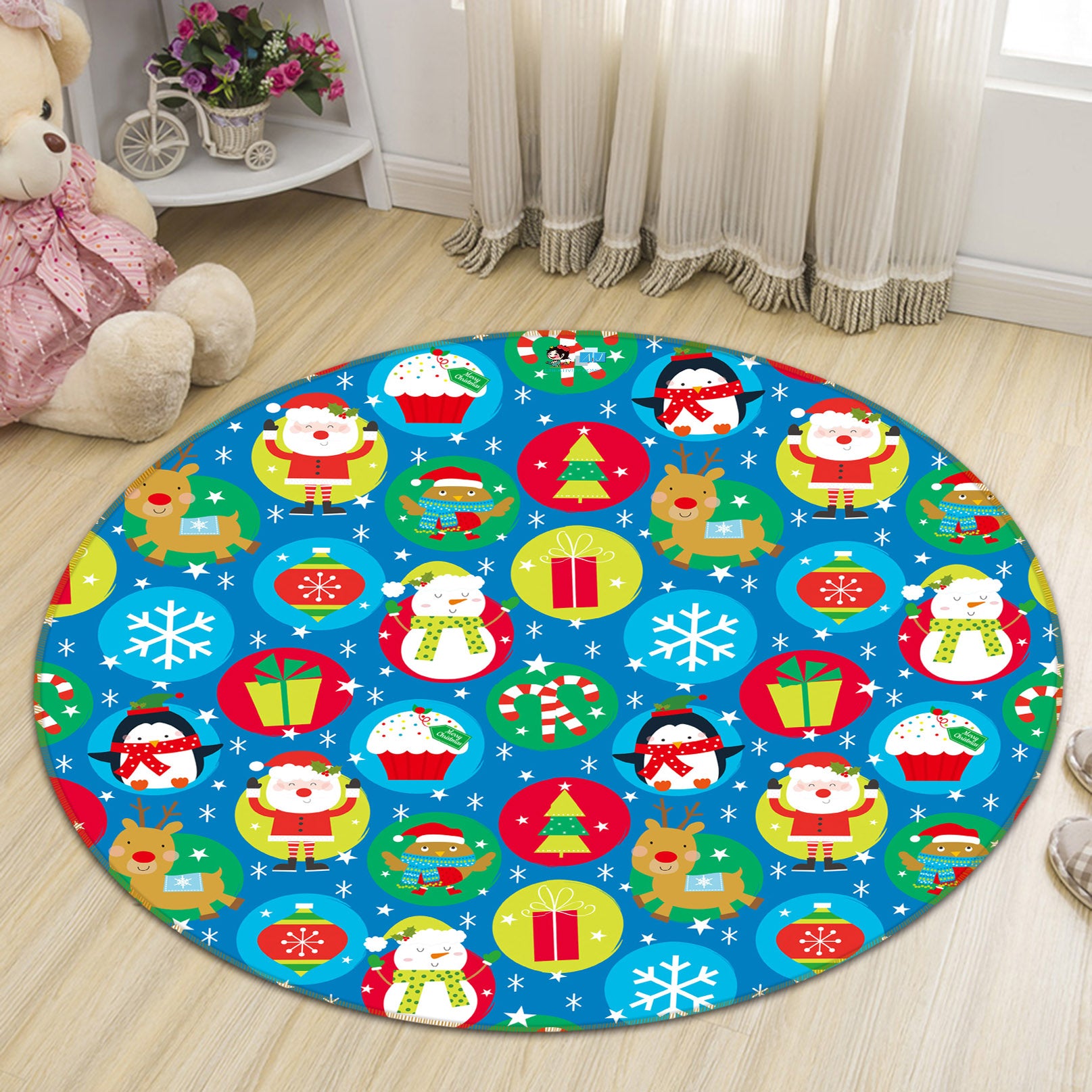 3D Snowman Penguin Circle Pattern 54200 Christmas Round Non Slip Rug Mat Xmas