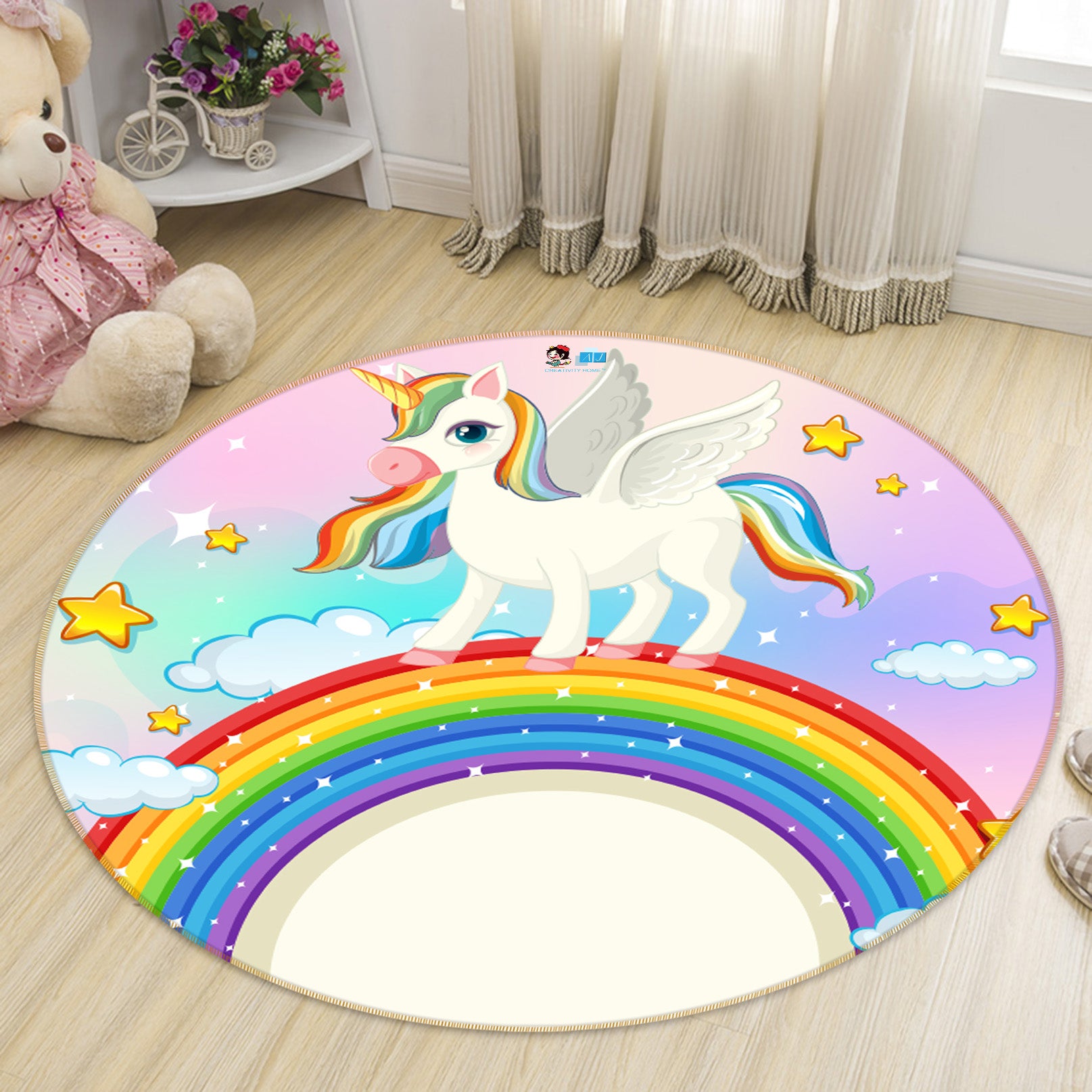 3D Rainbow Cloud Unicorn 81119 Round Non Slip Rug Mat
