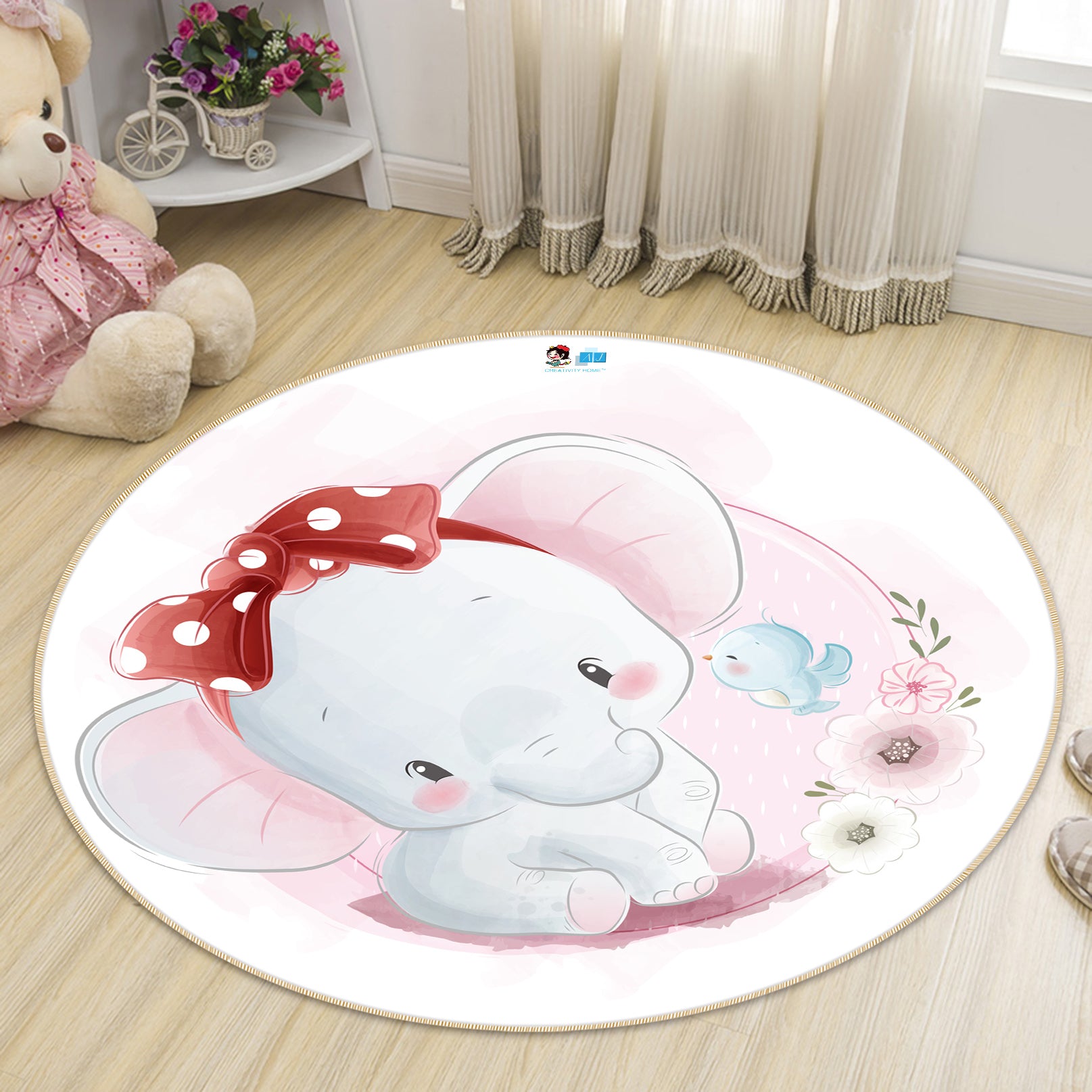 3D Elephant Bow 74283 Round Non Slip Rug Mat