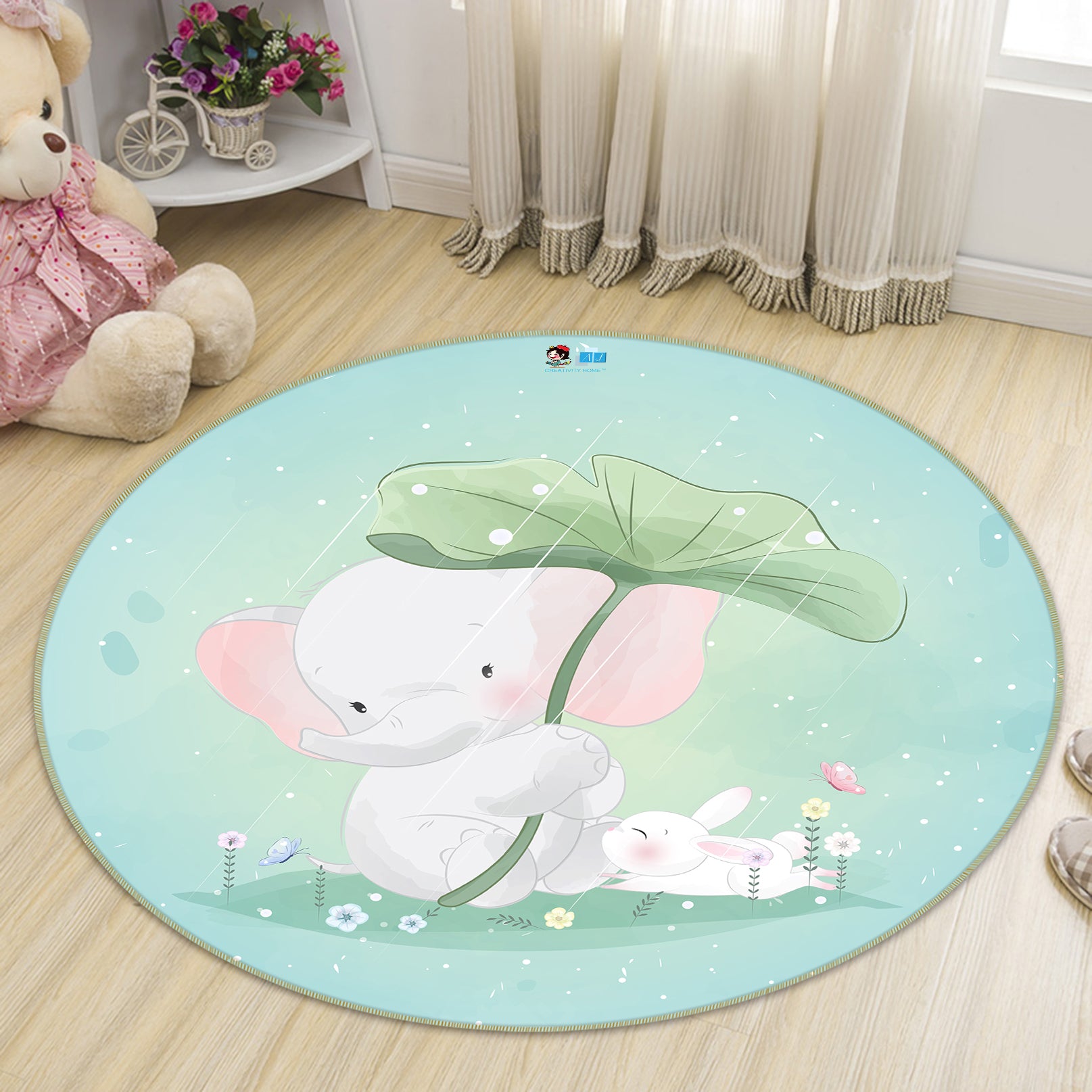 3D Elephant Lotus Leaf 74226 Round Non Slip Rug Mat