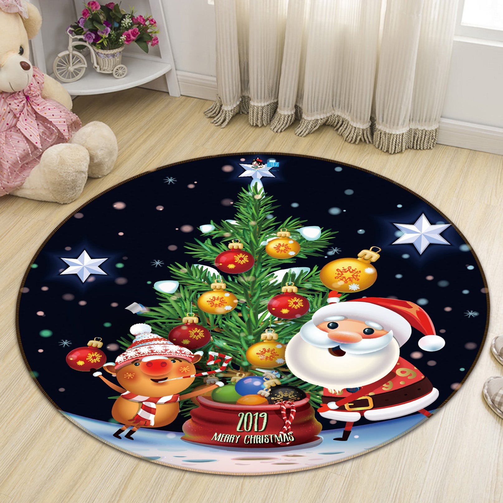 3D Tree Santa Deer 54180 Christmas Round Non Slip Rug Mat Xmas