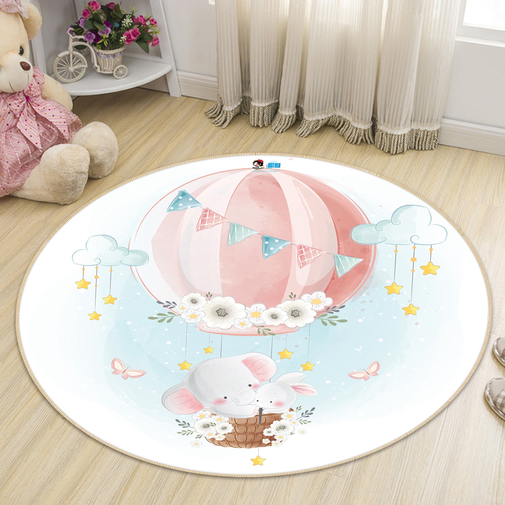 3D Pink Hot Air Balloon Elephant 74260 Round Non Slip Rug Mat