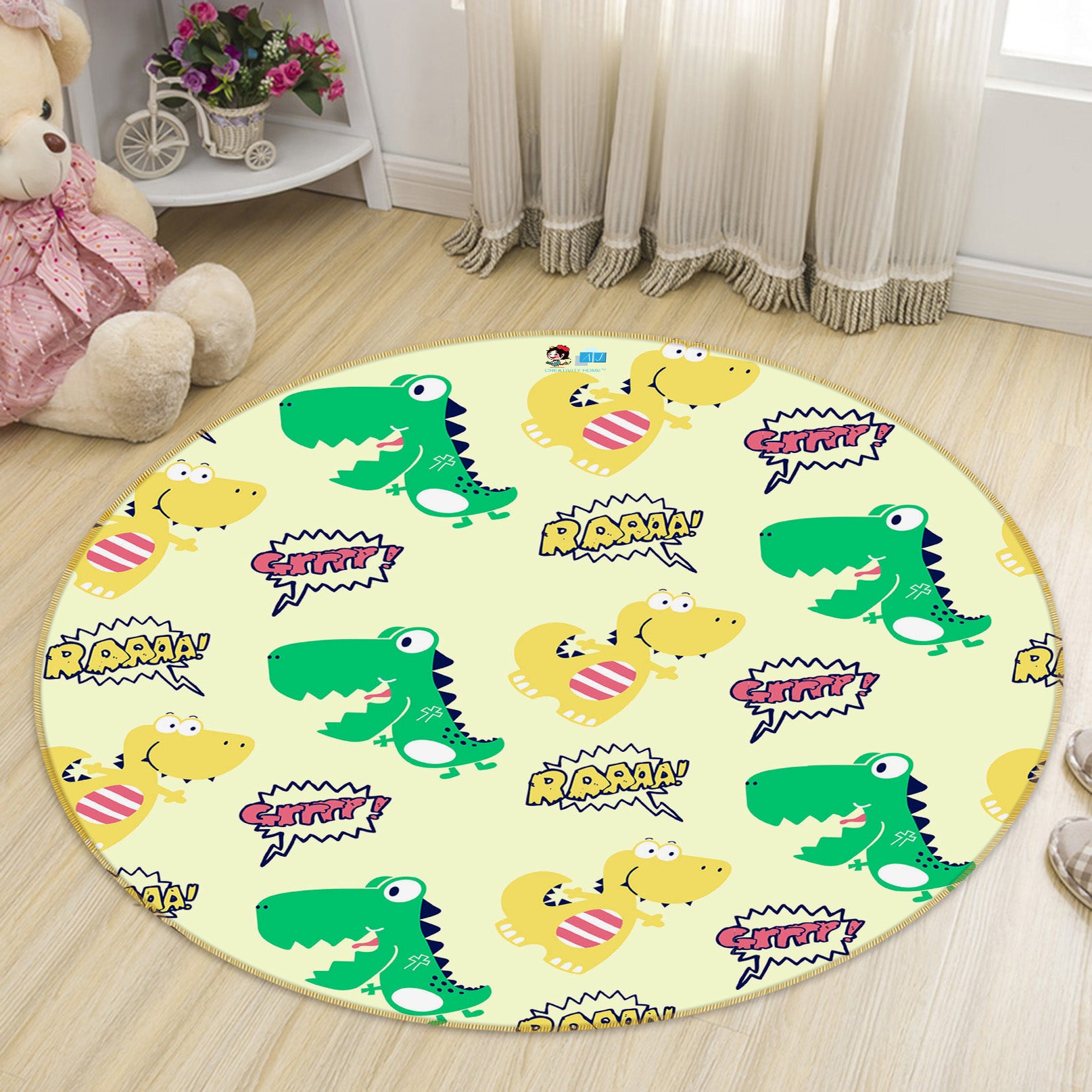 3D Yellow Green Dinosaur 75059 Round Non Slip Rug Mat