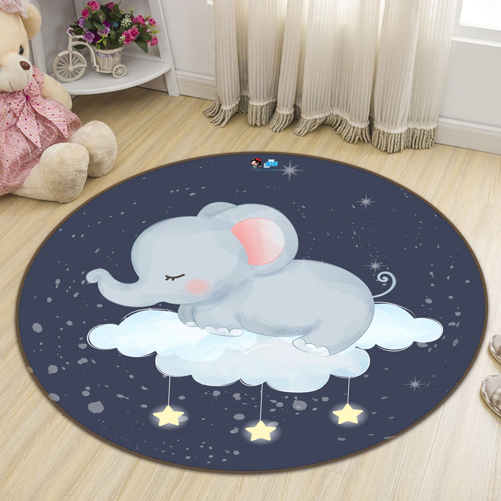 3D Clouds Elephant 74252 Round Non Slip Rug Mat