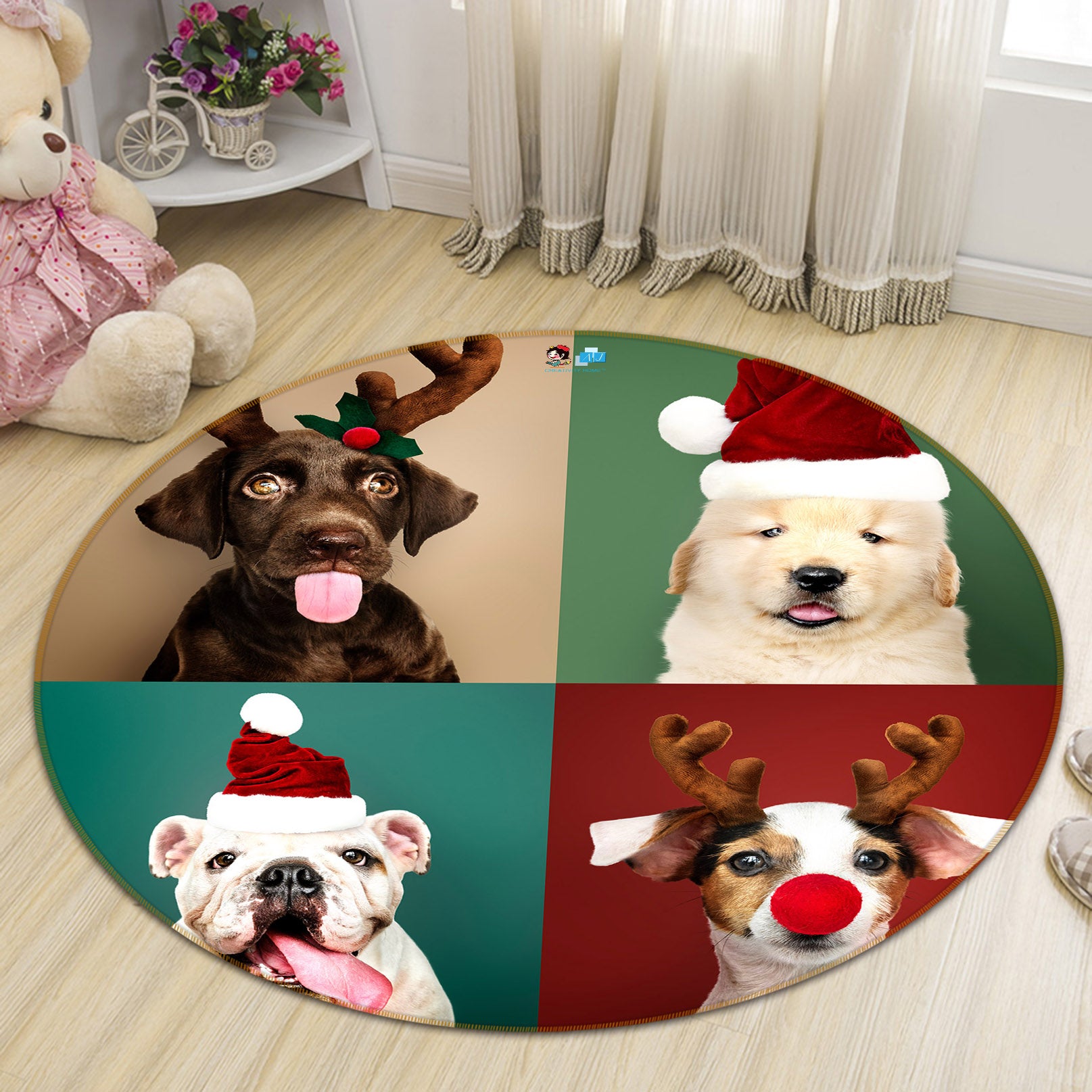 3D Dog 54110 Christmas Round Non Slip Rug Mat Xmas