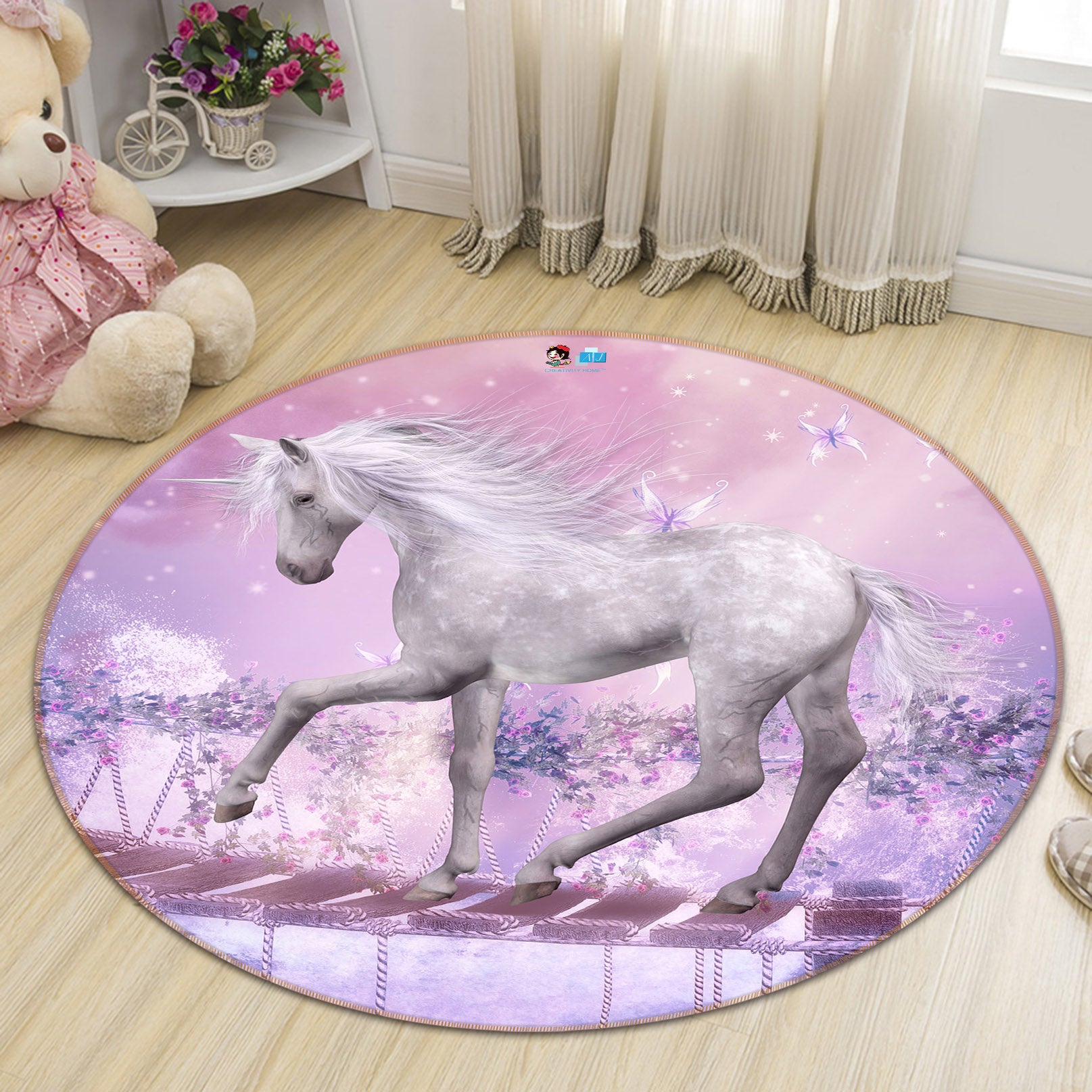 3D White Horse 66190 Round Non Slip Rug Mat