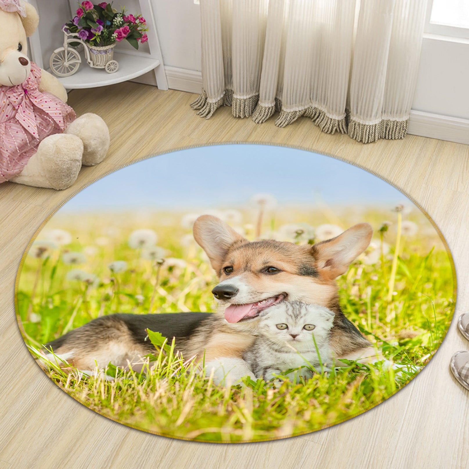 3D Grassland Cat Dog 29008 Round Non Slip Rug Mat