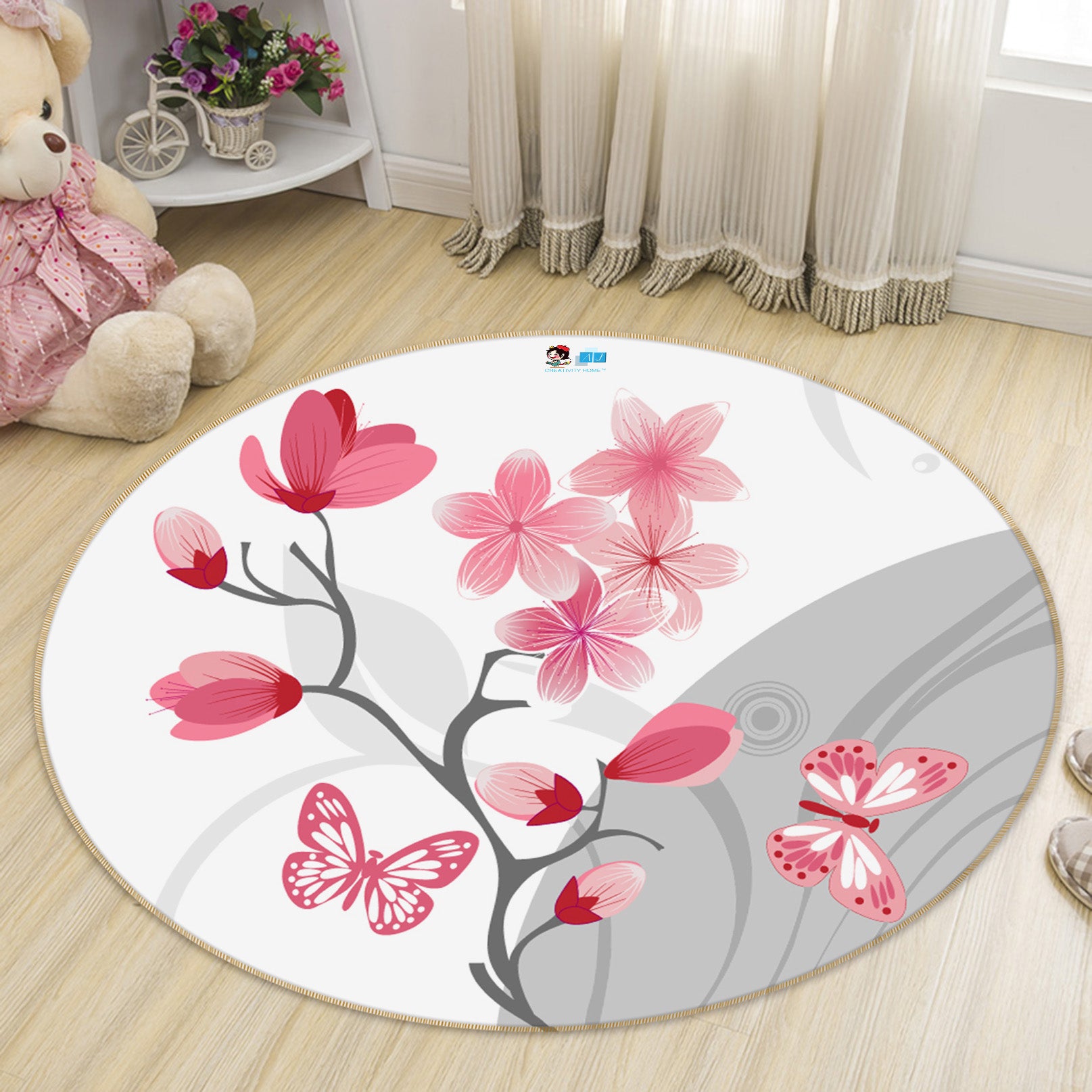 3D Pink Flower Branch 74060 Round Non Slip Rug Mat