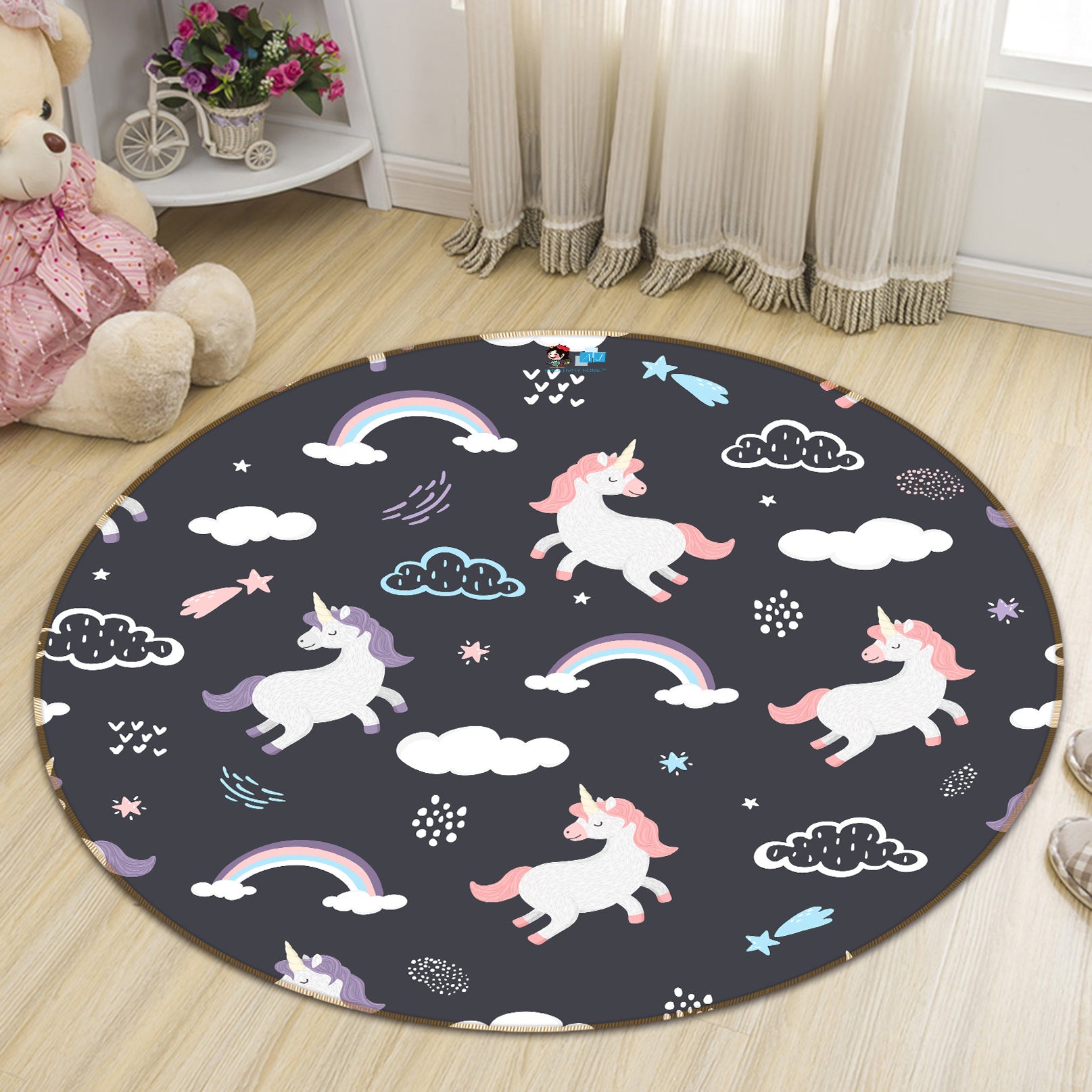 3D Cloud Rainbow Unicorn 64162 Round Non Slip Rug Mat