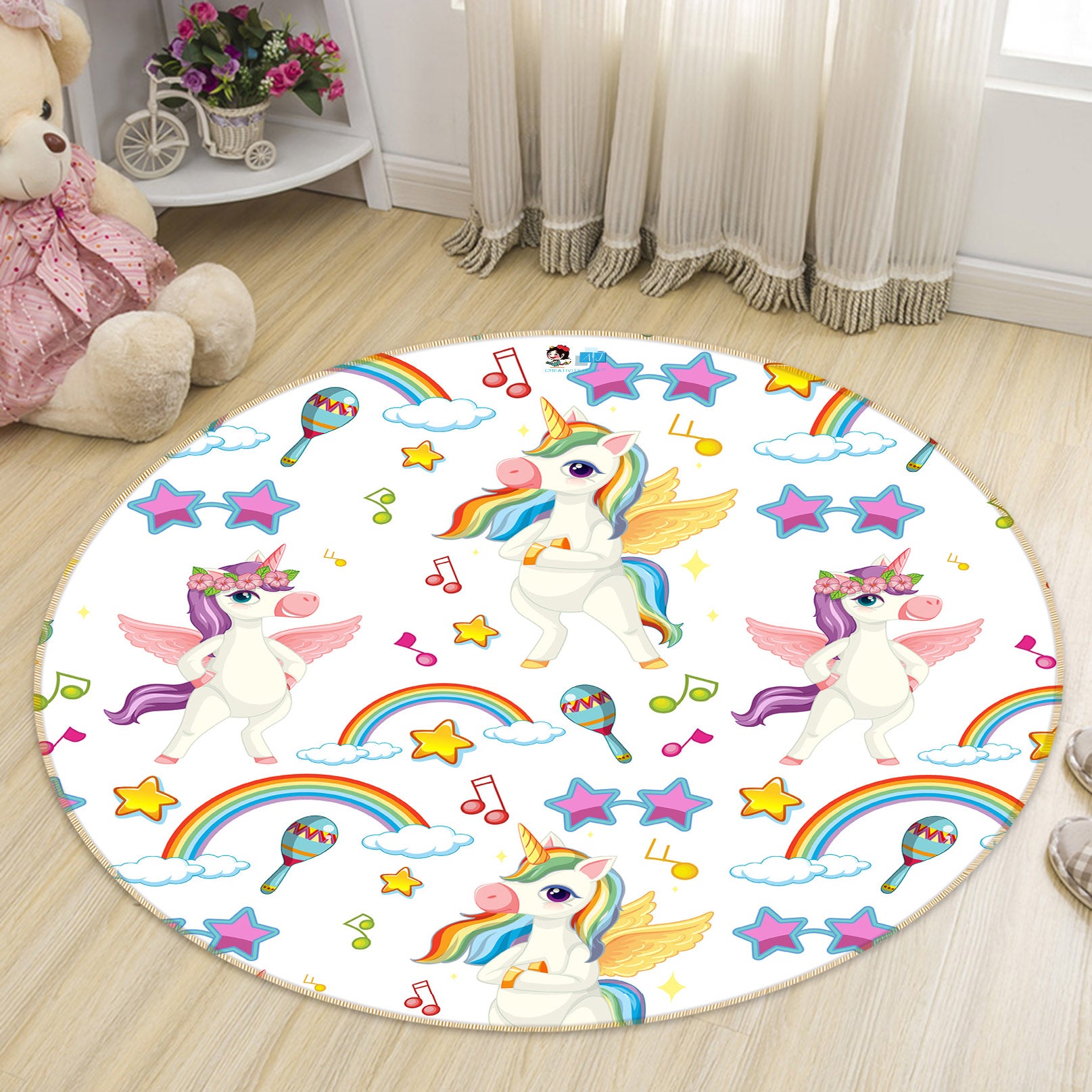 3D Rainbow Unicorn 81029 Round Non Slip Rug Mat