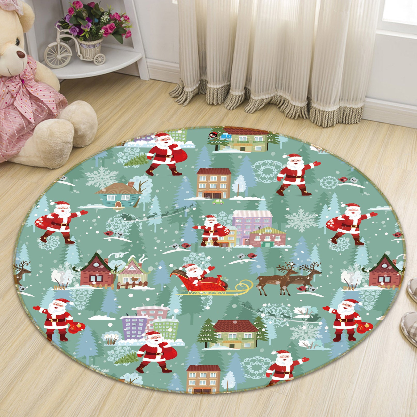 3D Santa House 54140 Christmas Round Non Slip Rug Mat Xmas