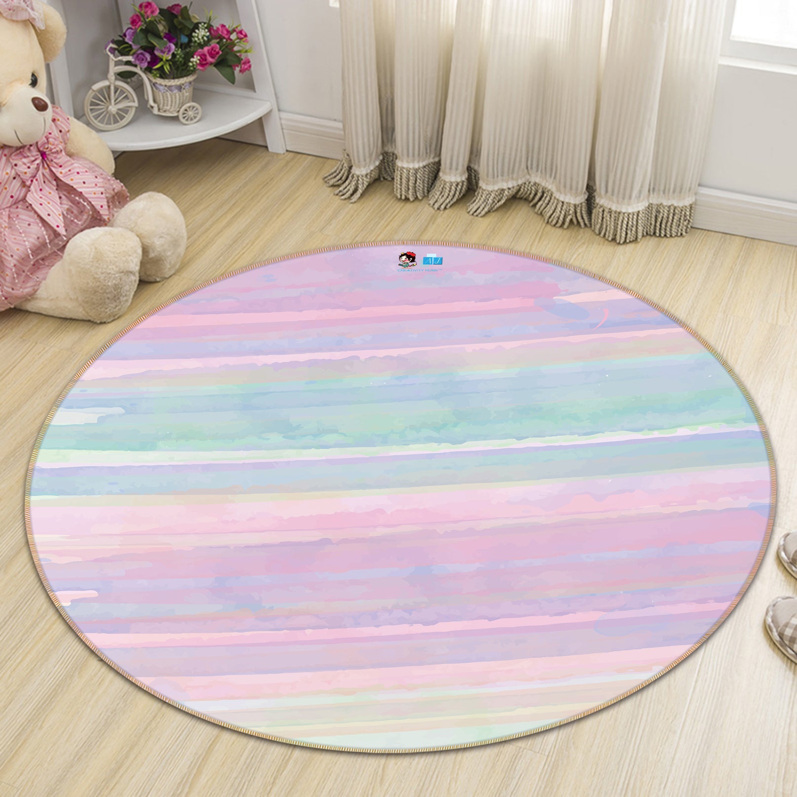 3D Pink Light Blue 64053 Round Non Slip Rug Mat