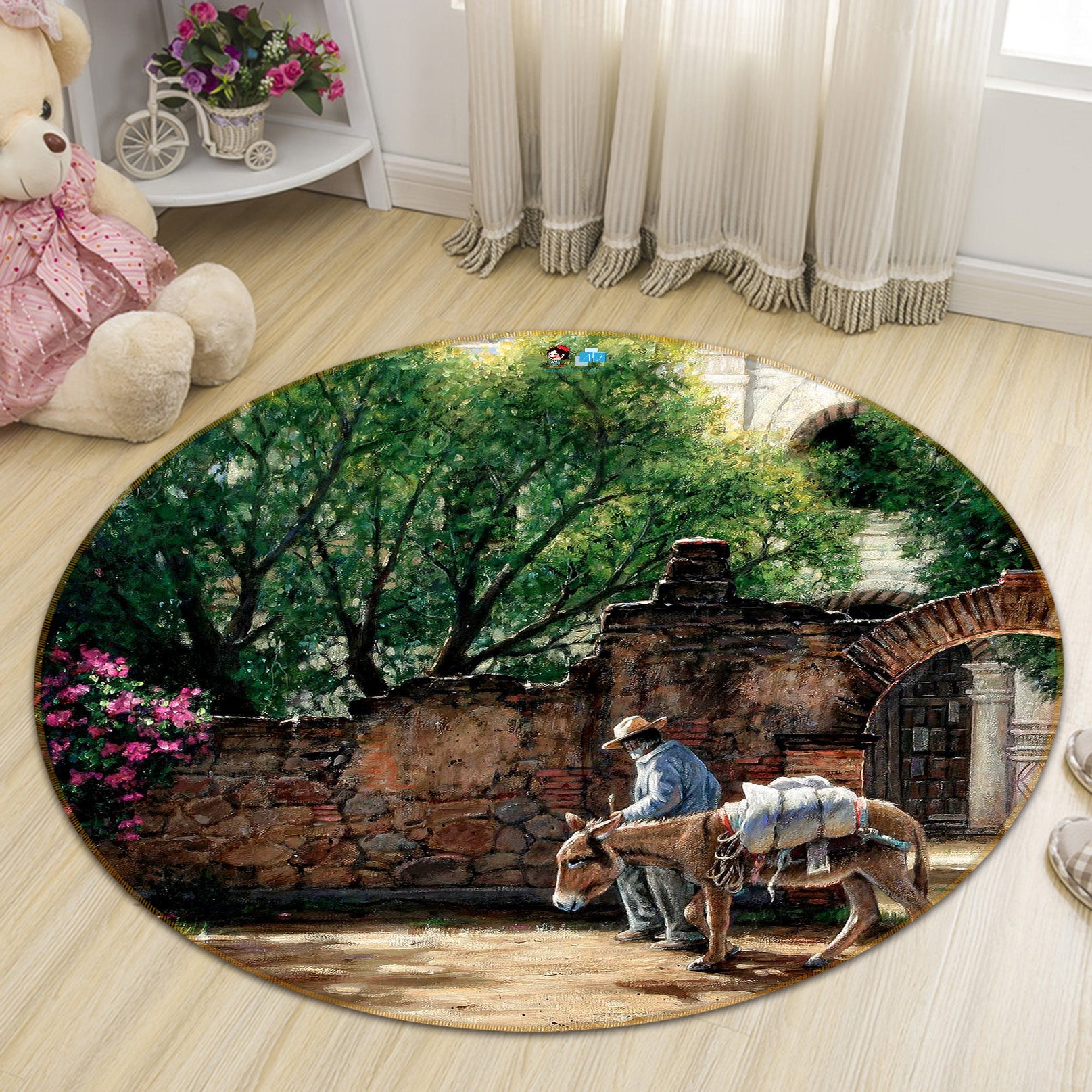 3D Wall Tree Donkey 66210 Round Non Slip Rug Mat