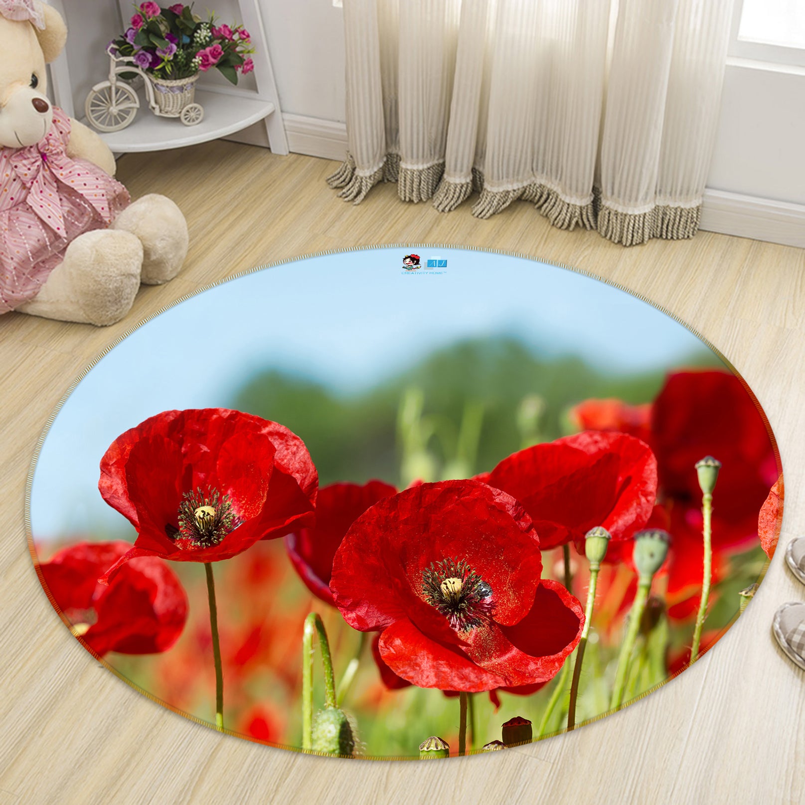 3D Red Flowers 80242 Round Non Slip Rug Mat