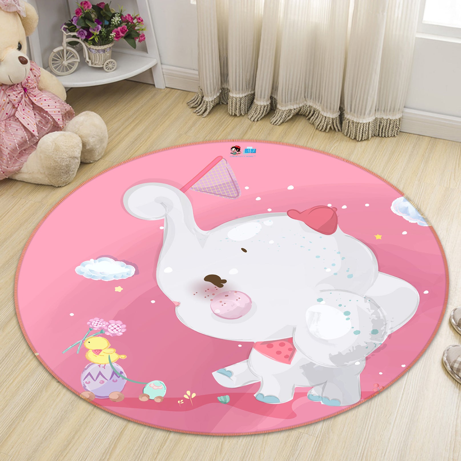 3D Cartoon Elephant 81095 Round Non Slip Rug Mat