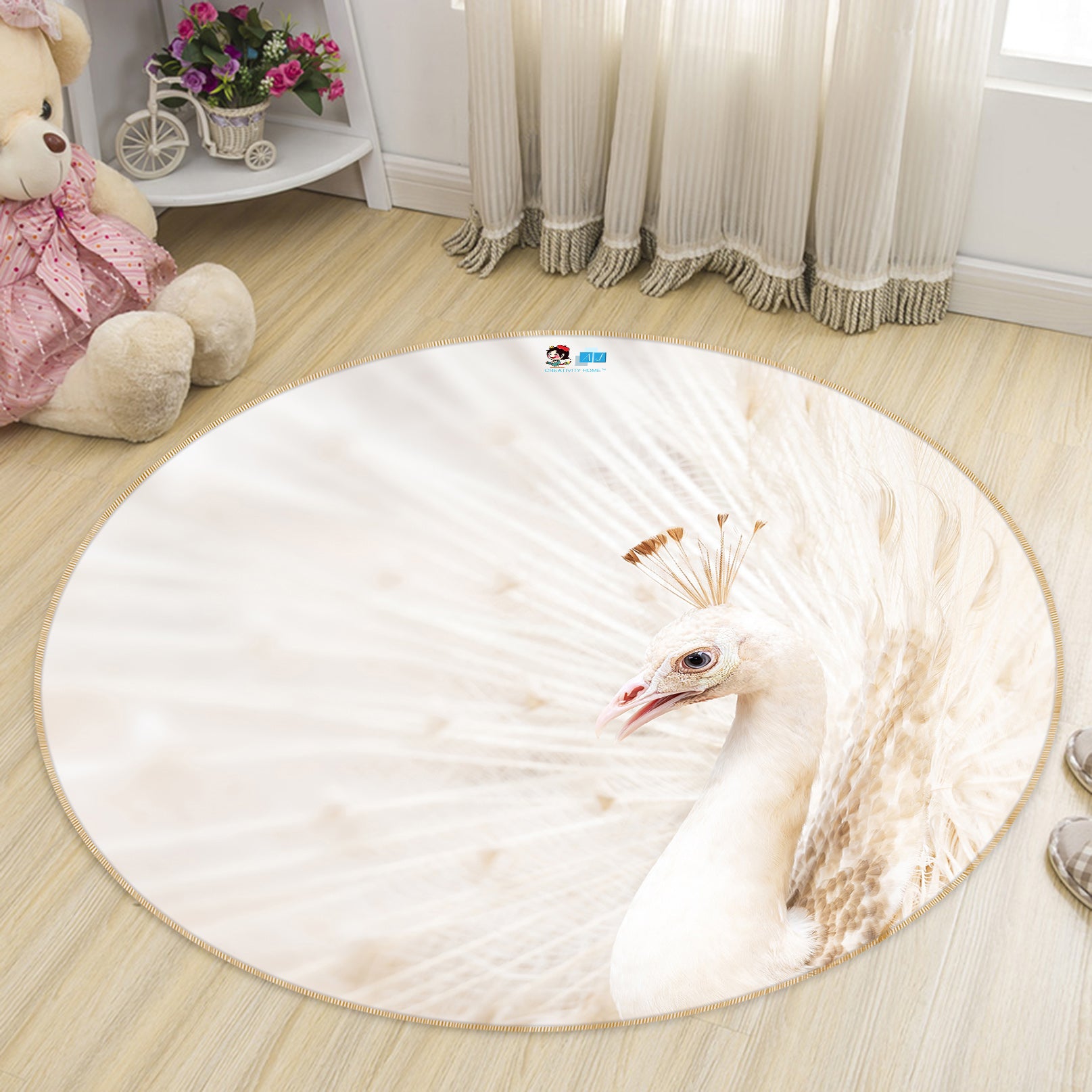 3D White Peacock 81193 Round Non Slip Rug Mat