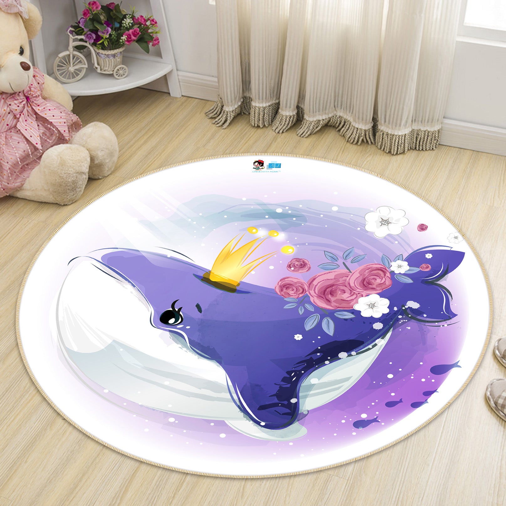 3D Purple Whale 74279 Round Non Slip Rug Mat