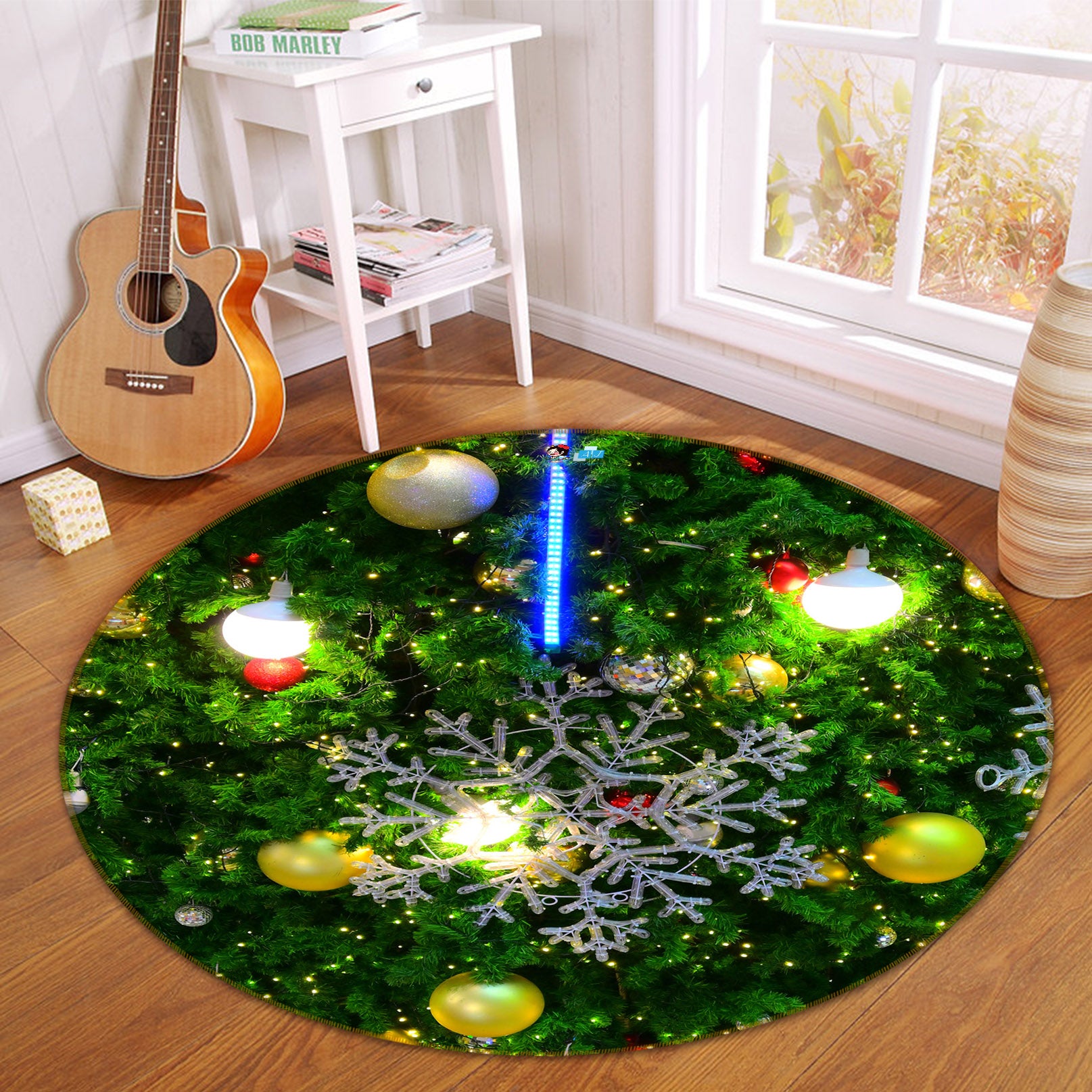 3D Tree Ball Pendant 54198 Christmas Round Non Slip Rug Mat Xmas