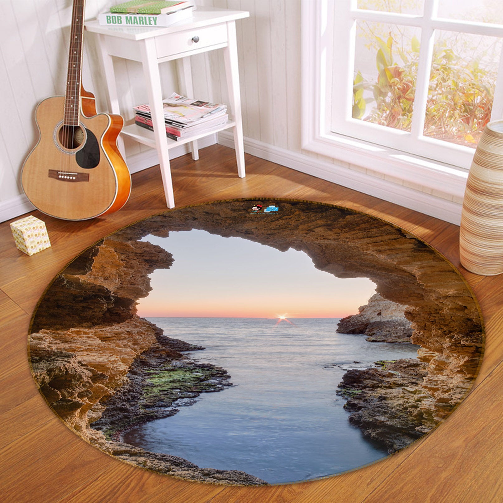 3D Water Stone Cave 69198 Round Non Slip Rug Mat
