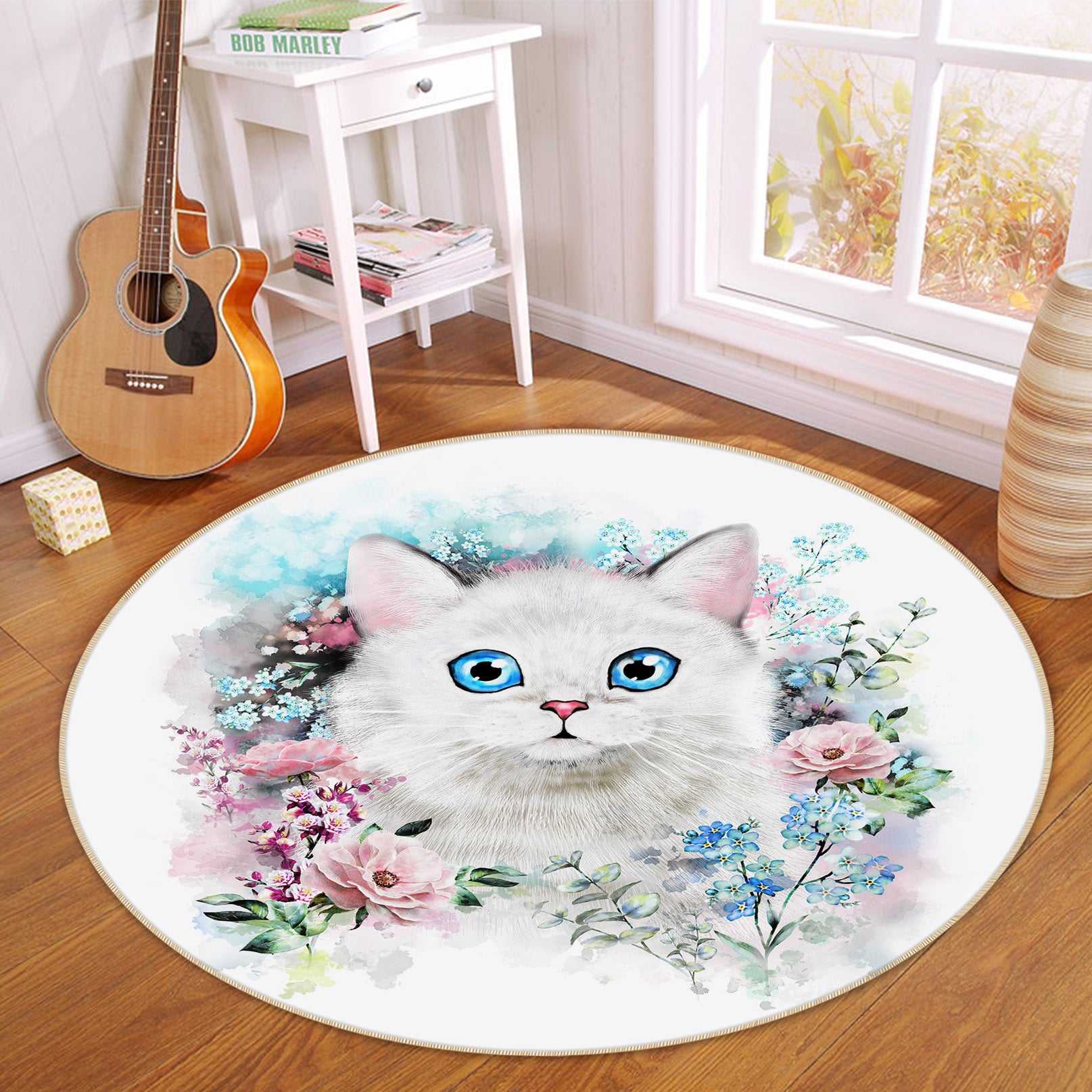 3D Flower Bush White Cat 29082 Round Non Slip Rug Mat
