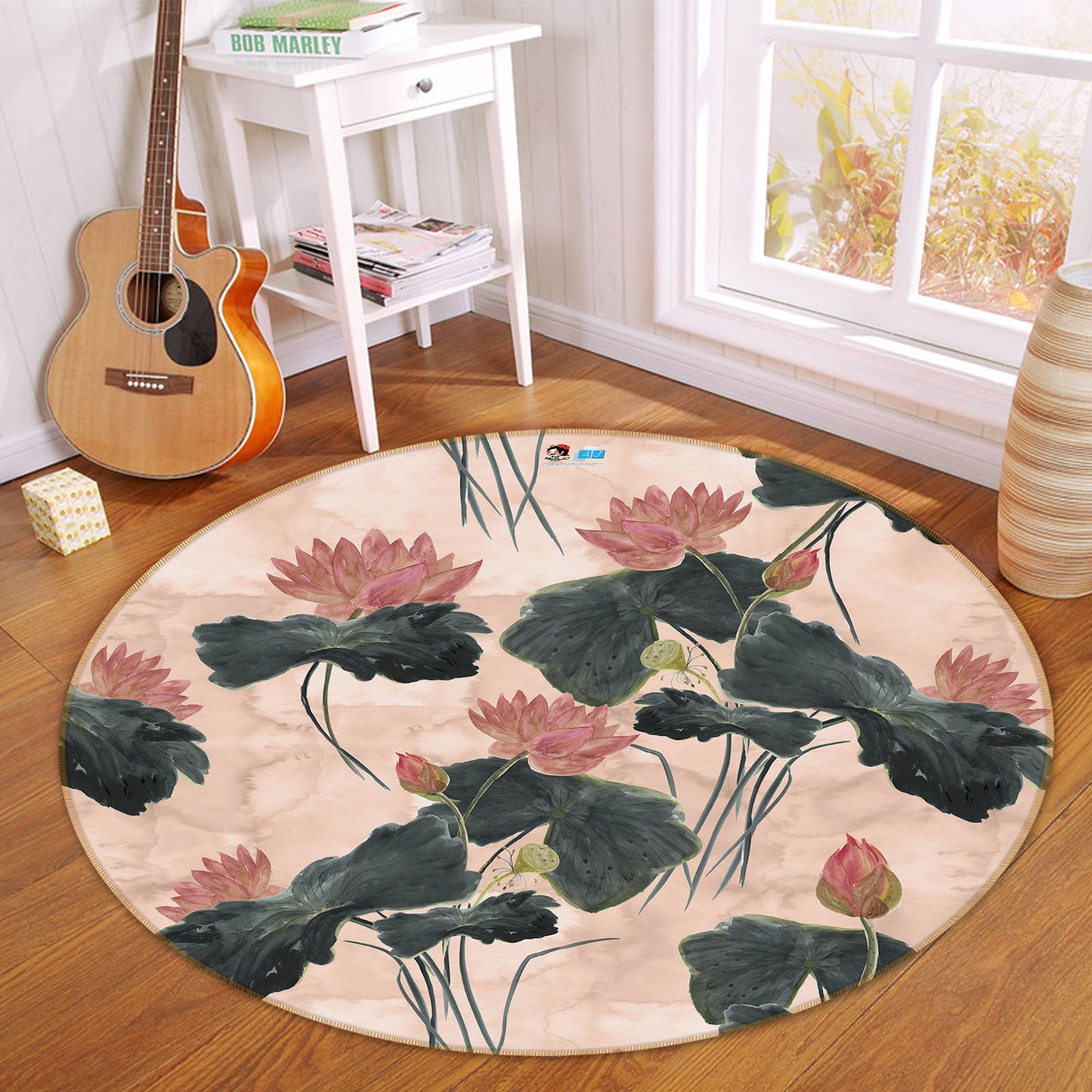 3D Lotus Flowers 69222 Round Non Slip Rug Mat