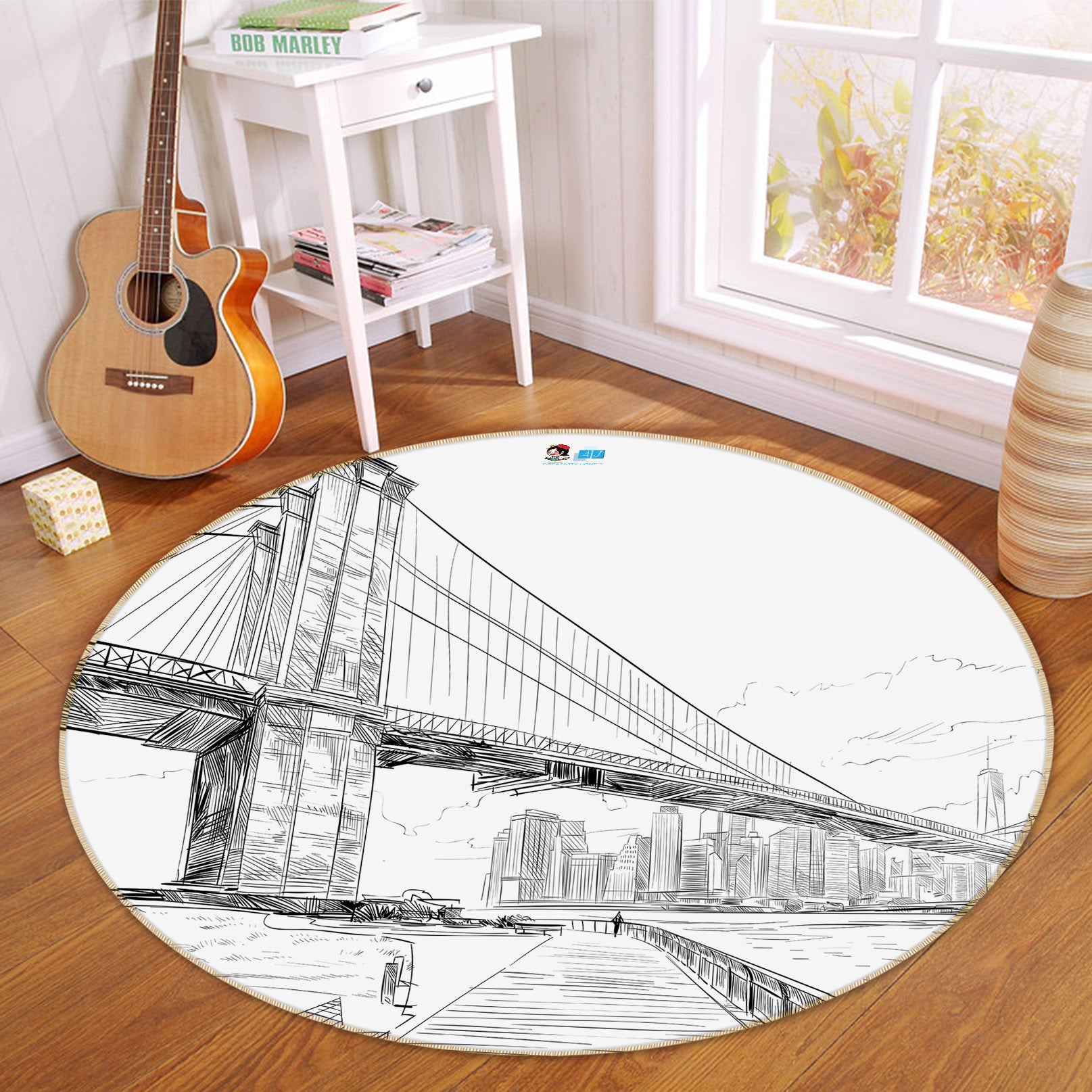3D Black White Hand-Painted Bridge 73029 Round Non Slip Rug Mat