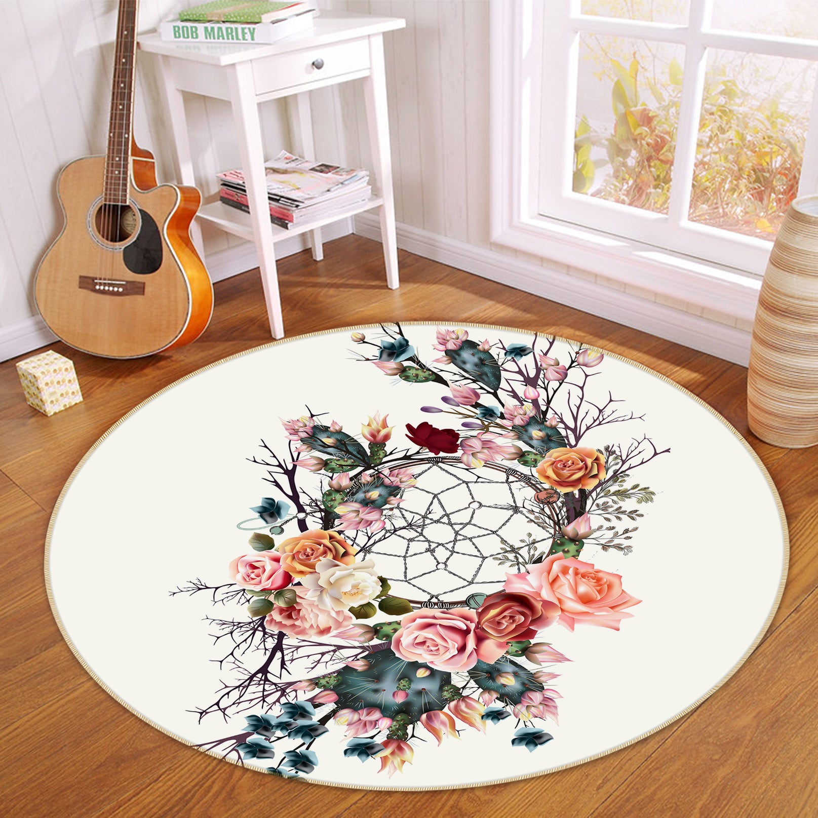 3D Flower Dream Catcher 29037 Round Non Slip Rug Mat