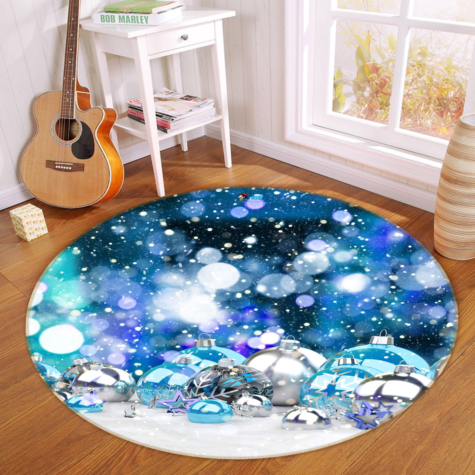 3D Blue Silver Ball 54046 Christmas Round Non Slip Rug Mat Xmas