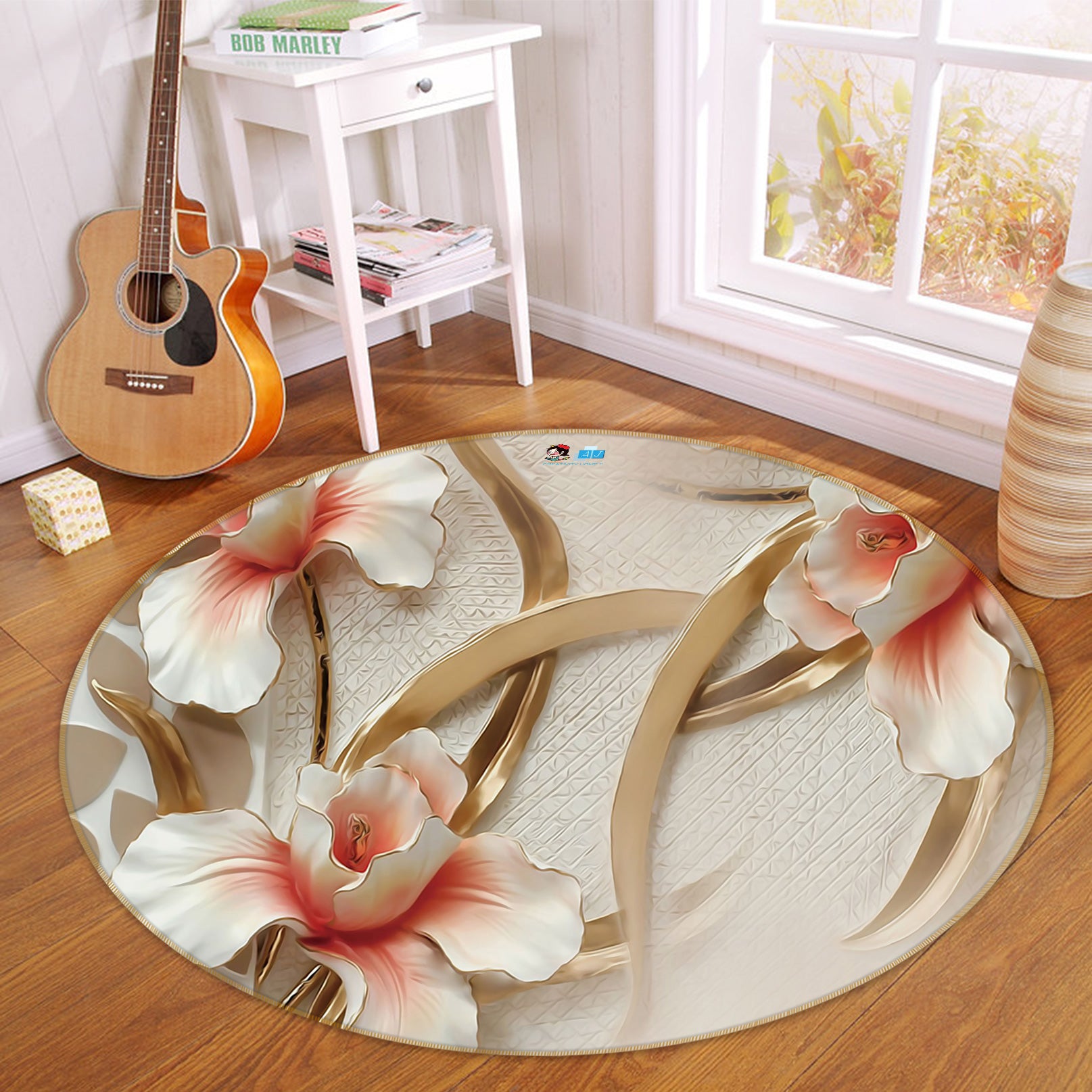 3D Embossed Flowers 80257 Round Non Slip Rug Mat