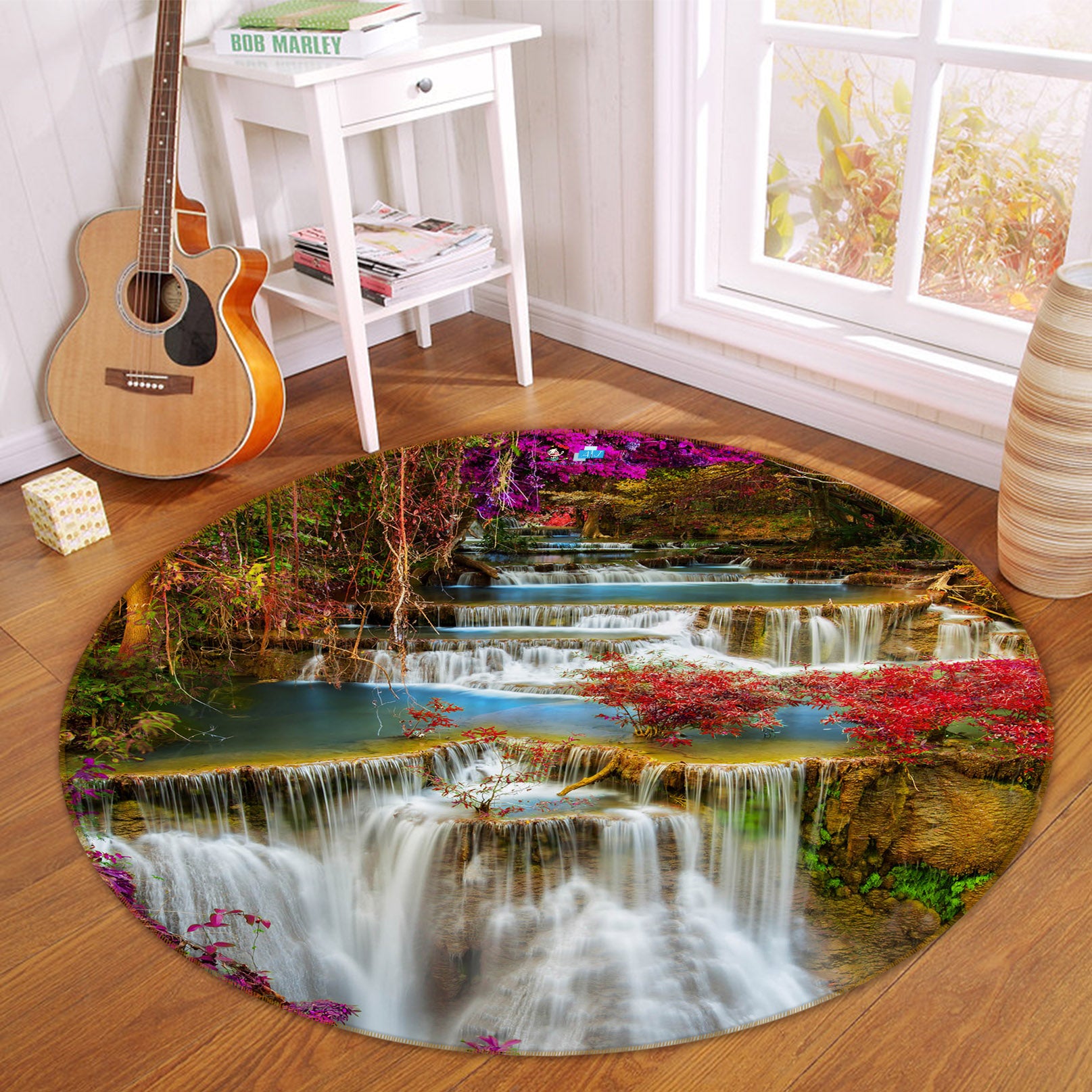 3D Waterfall Flower 69078 Round Non Slip Rug Mat