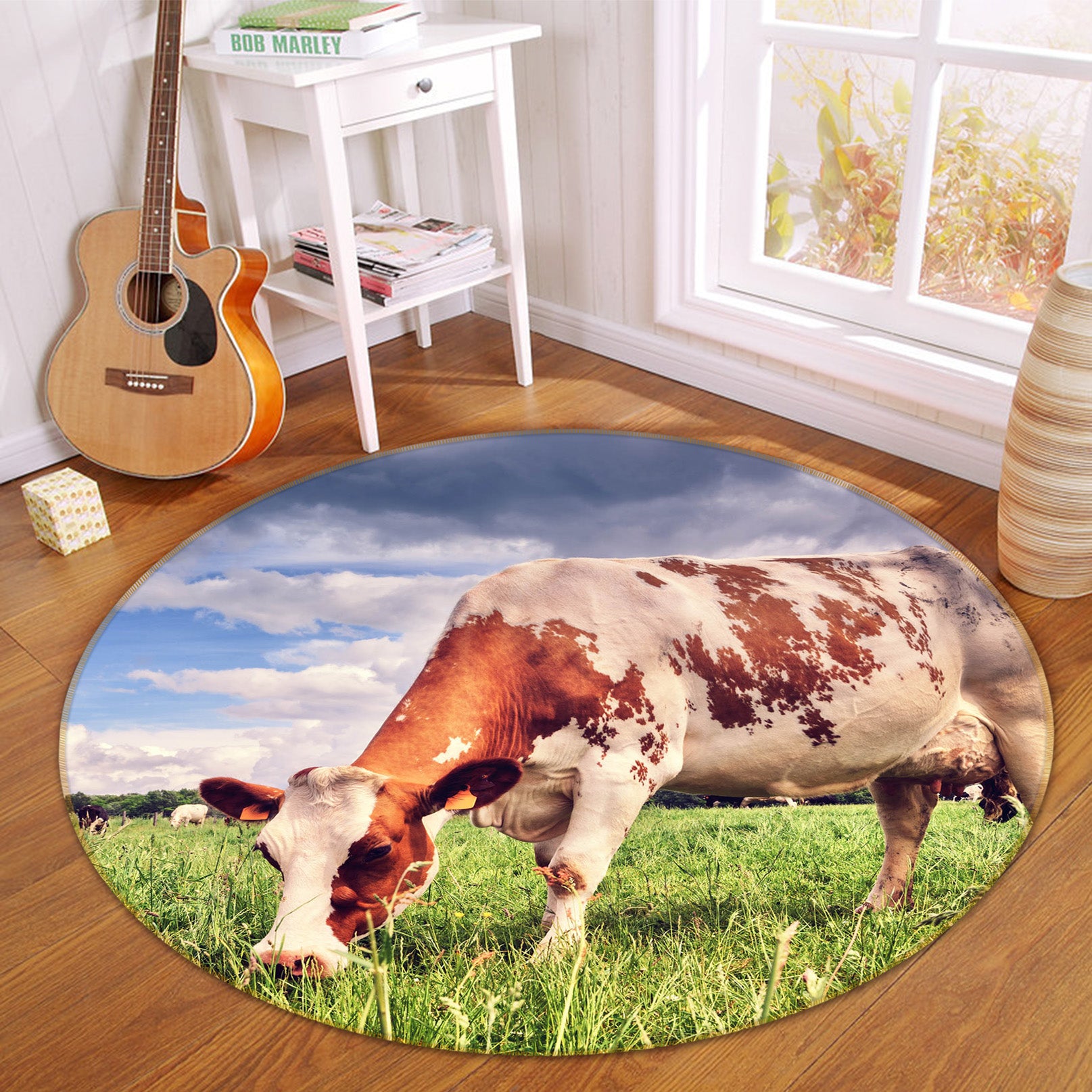 3D Cow Eating Grass 38025 Animal Round Non Slip Rug Mat