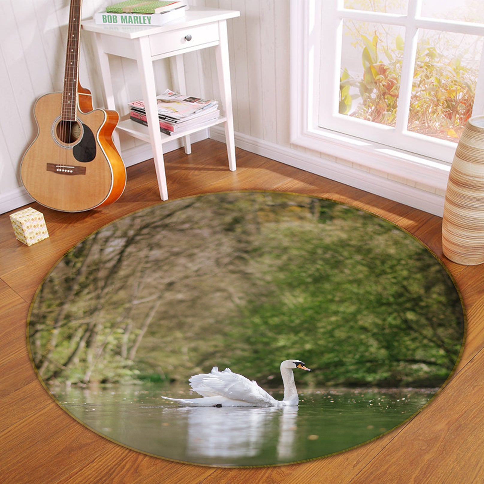 3D White Swan British Lake 82287 Animal Round Non Slip Rug Mat