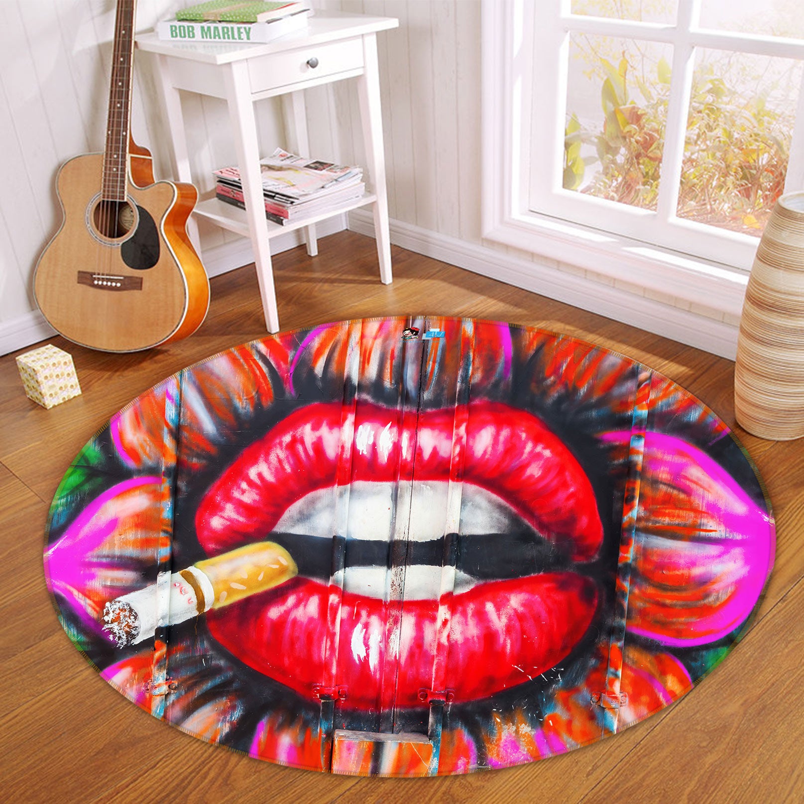 3D Graffiti Lip Smoke 72177 Round Non Slip Rug Mat