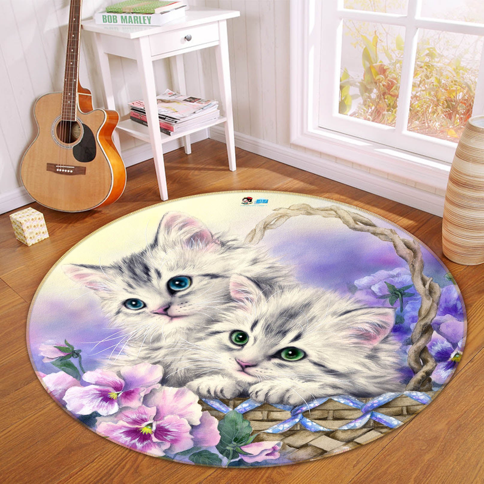 3D Flower Basket Cat 6070 Kayomi Harai Rug Round Non Slip Rug Mat