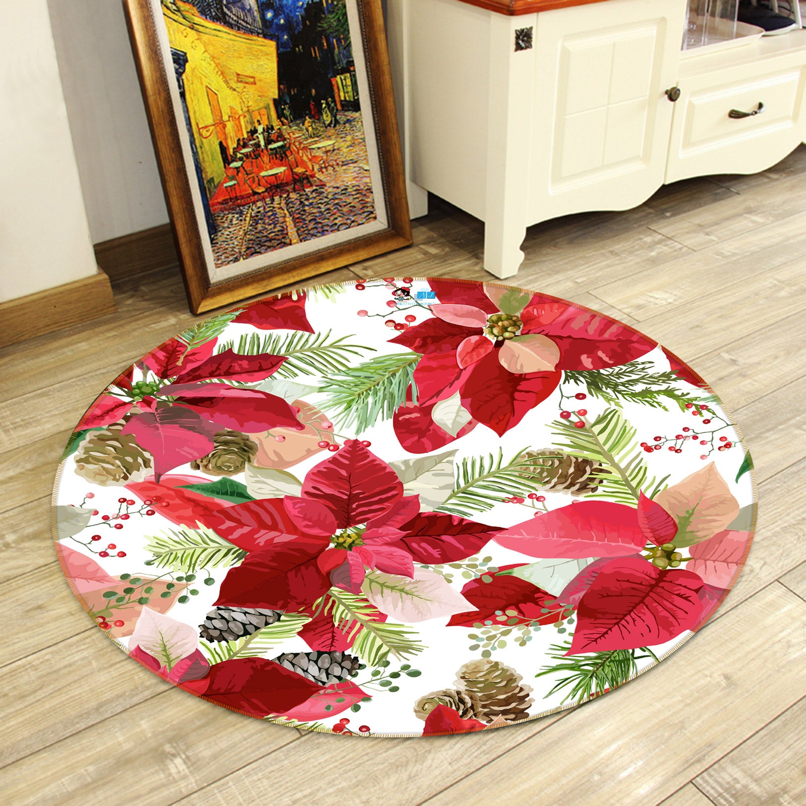 3D Red Leaves Flowers 54043 Christmas Round Non Slip Rug Mat Xmas