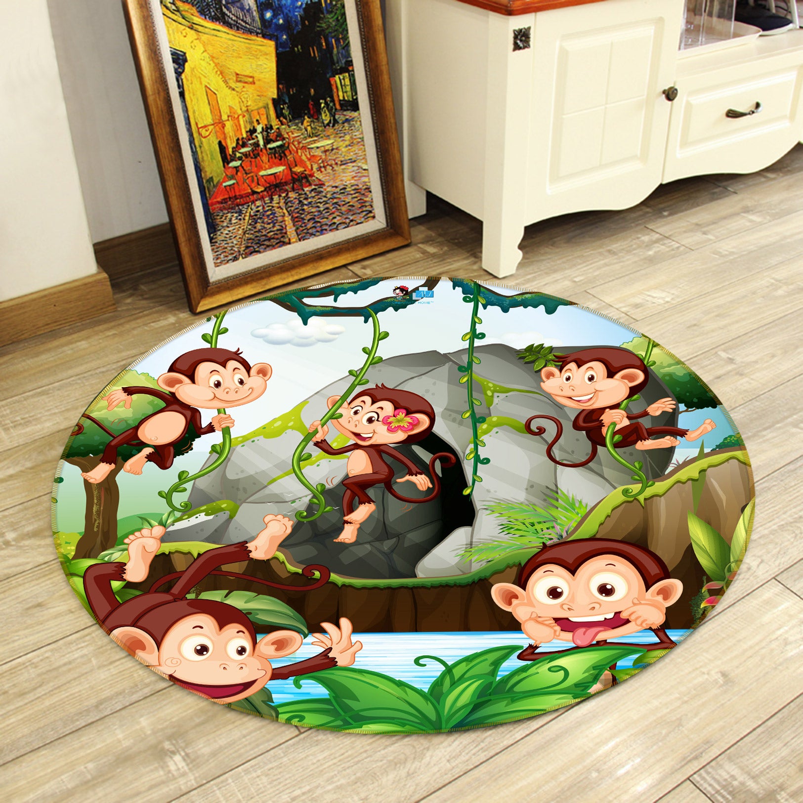 3D Trees Monkey 81238 Round Non Slip Rug Mat