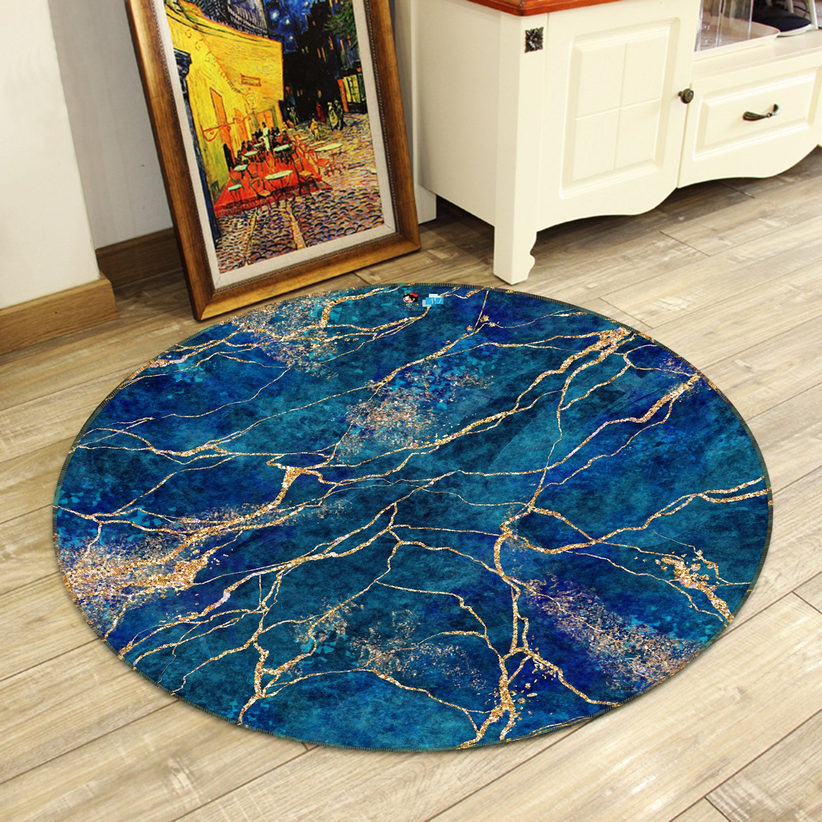 3D Navy Blue Marbling 71150 Round Non Slip Rug Mat